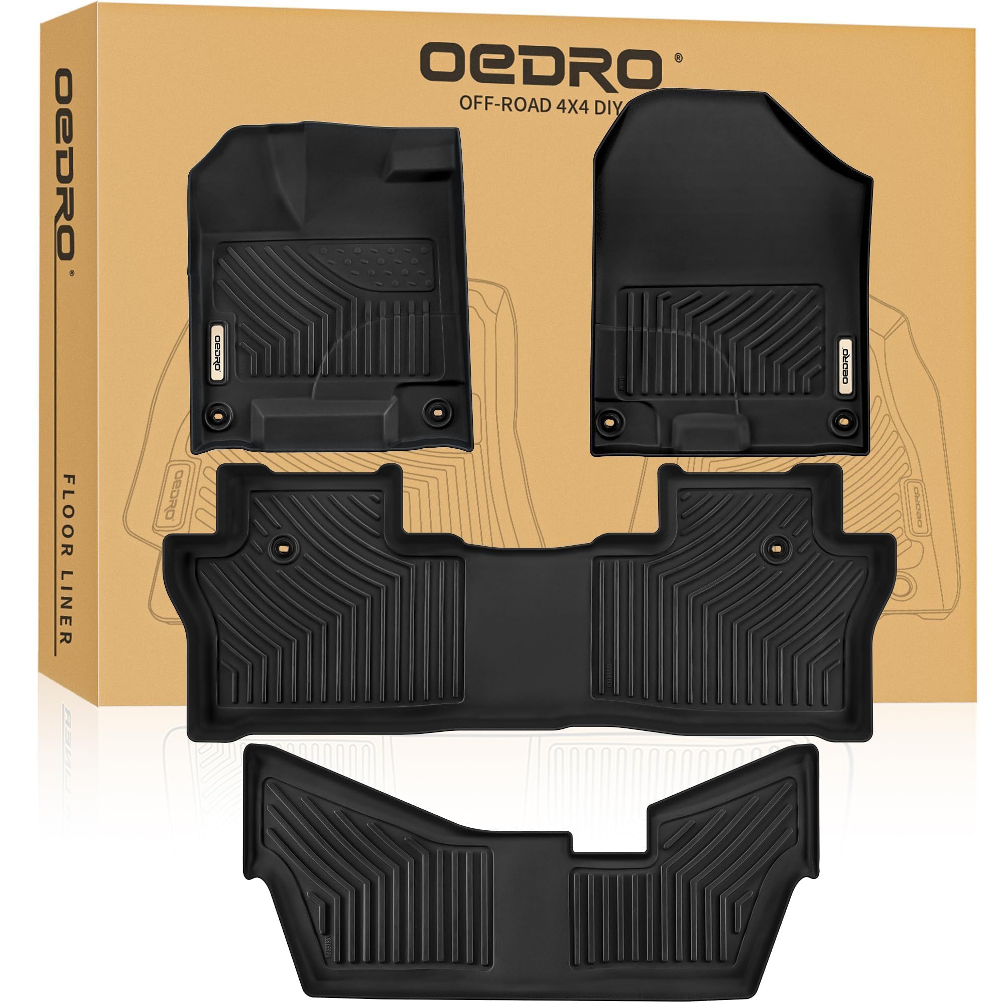 Oedro Floor Mats For Honda Pilot 8 Passenger (No Elite Models) 2016-2022 All-Weather Tpe Waterproof Floor Liners Includes 1St, 2