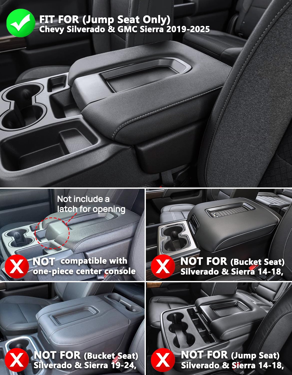 KBH Center Console Armrest Cover for Chevy Silverado & GMC Sierra 2020-2026, Jump Seat, Vinyl Black, Anti-Scratch
