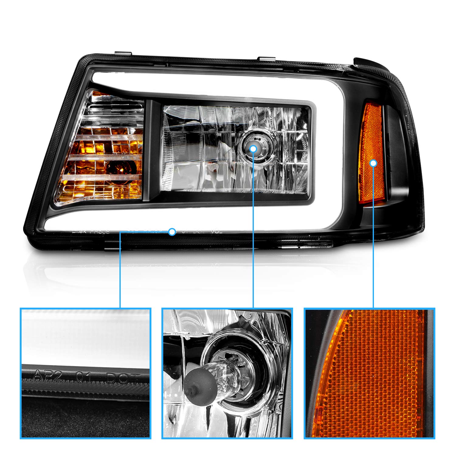 AmeriLite LED Halogen Headlights for 2001-2011 Ford Ranger, Black, Passenger & Driver Side, Vehicle Light Assembly