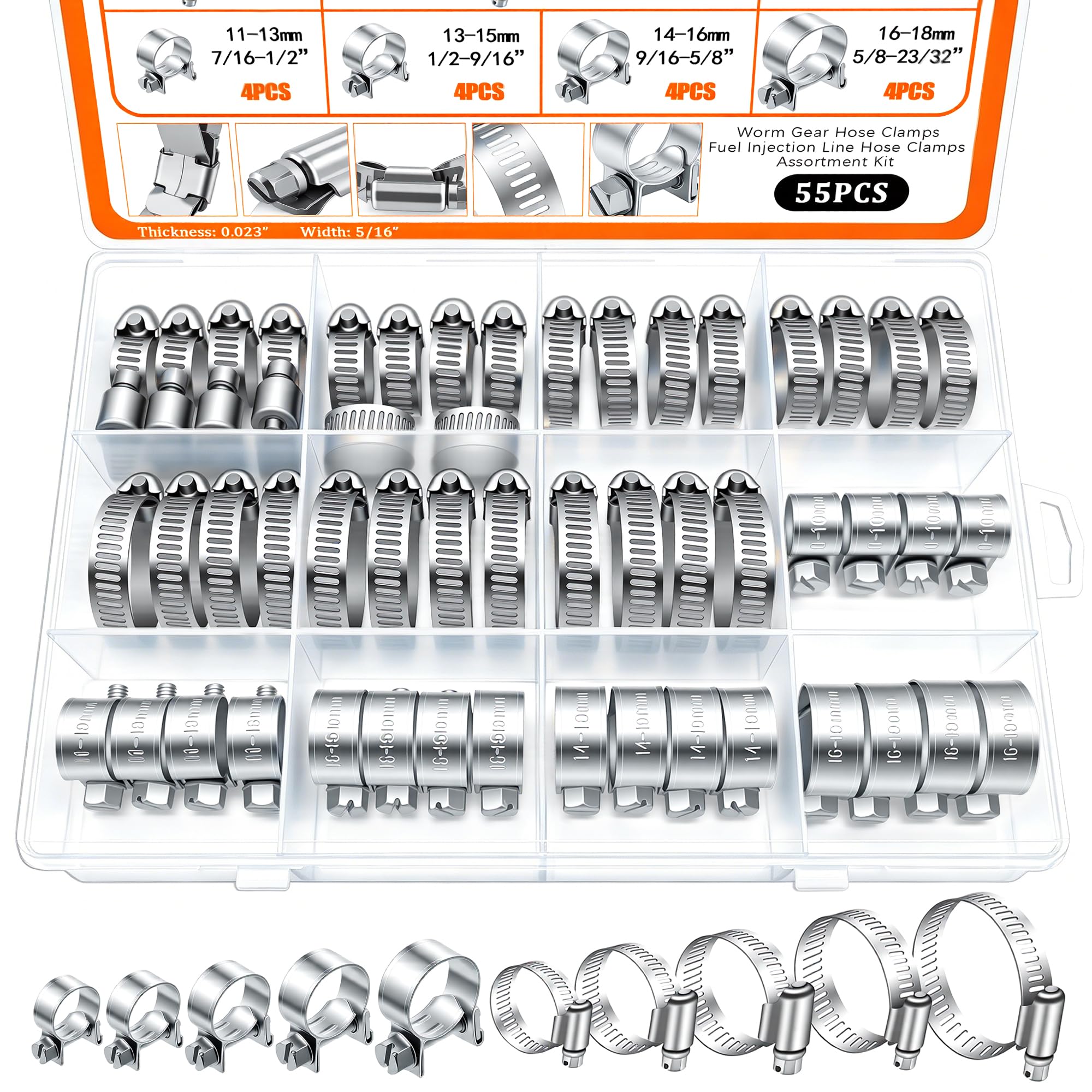 Dianrui 55PCS Hose Clamp Assortment Kit 3/8 Hose Clamps Stainless Steel 304 Worm Gear Hose Clamp & Fuel Injection Hose Clamps fo