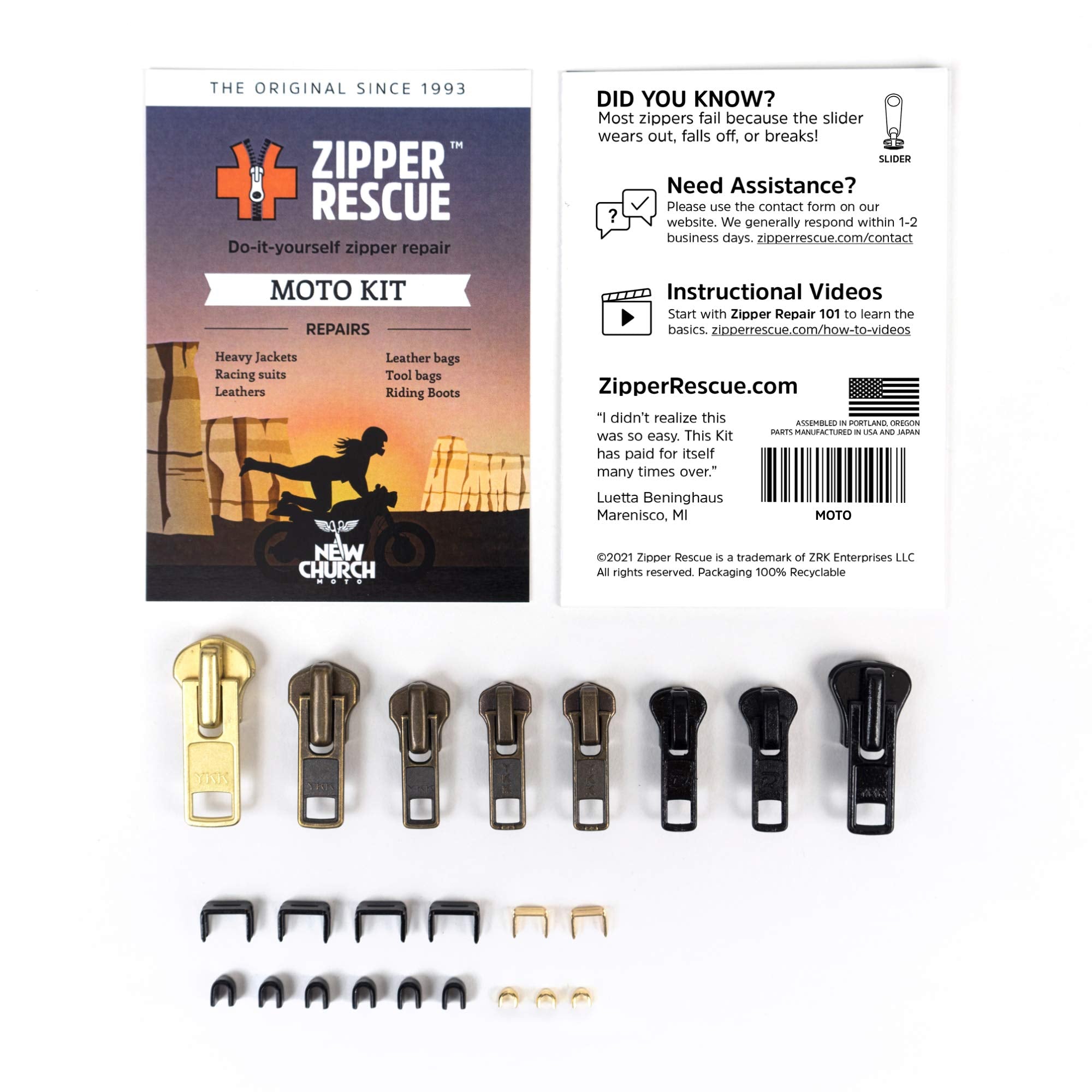 Zipper Rescue Zipper Repair Kit - Original Made in America, Metal, Moto, Model ZRK-MO-103
