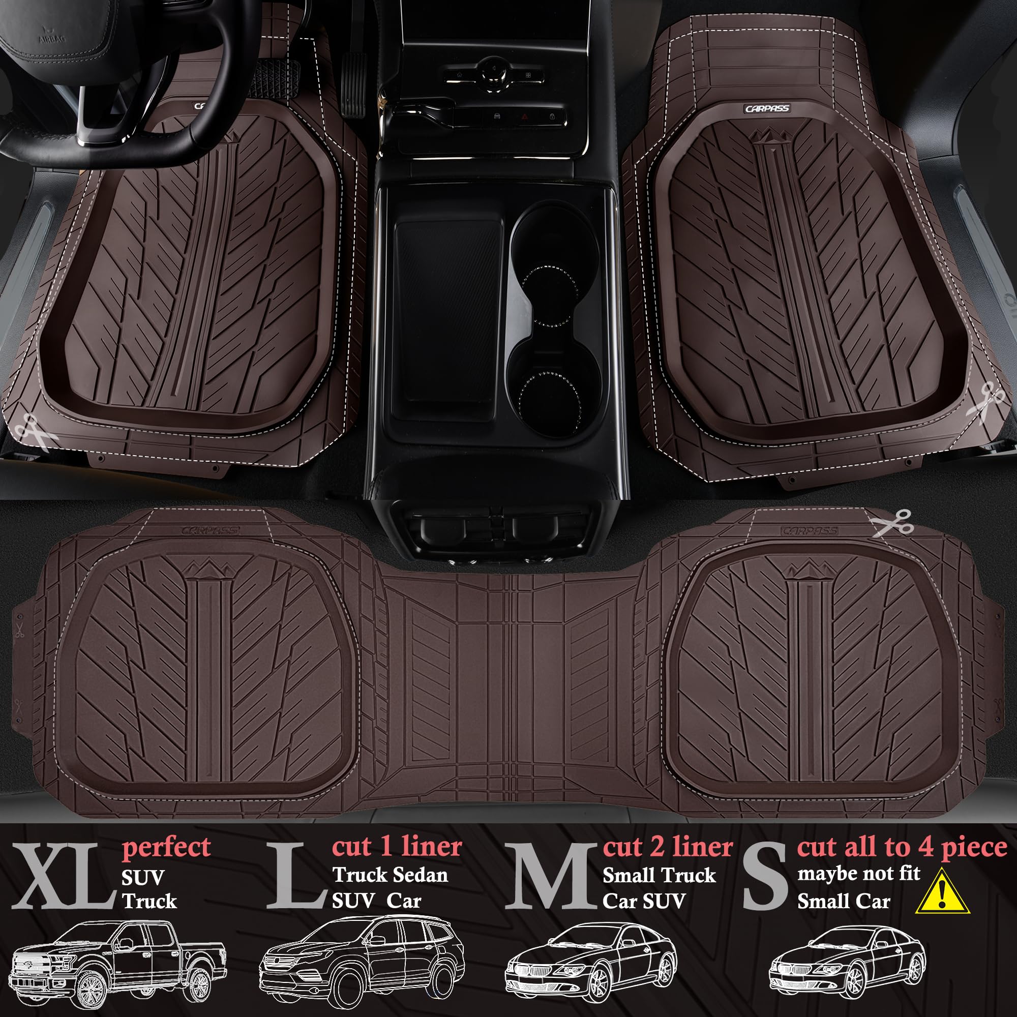 Car Pass Deepdish Floor Mats For Cars Full Set,Heavy Duty Rubber Car Mats 3-Piece,Universal Waterproof Trim-To Fit Automotive Fl