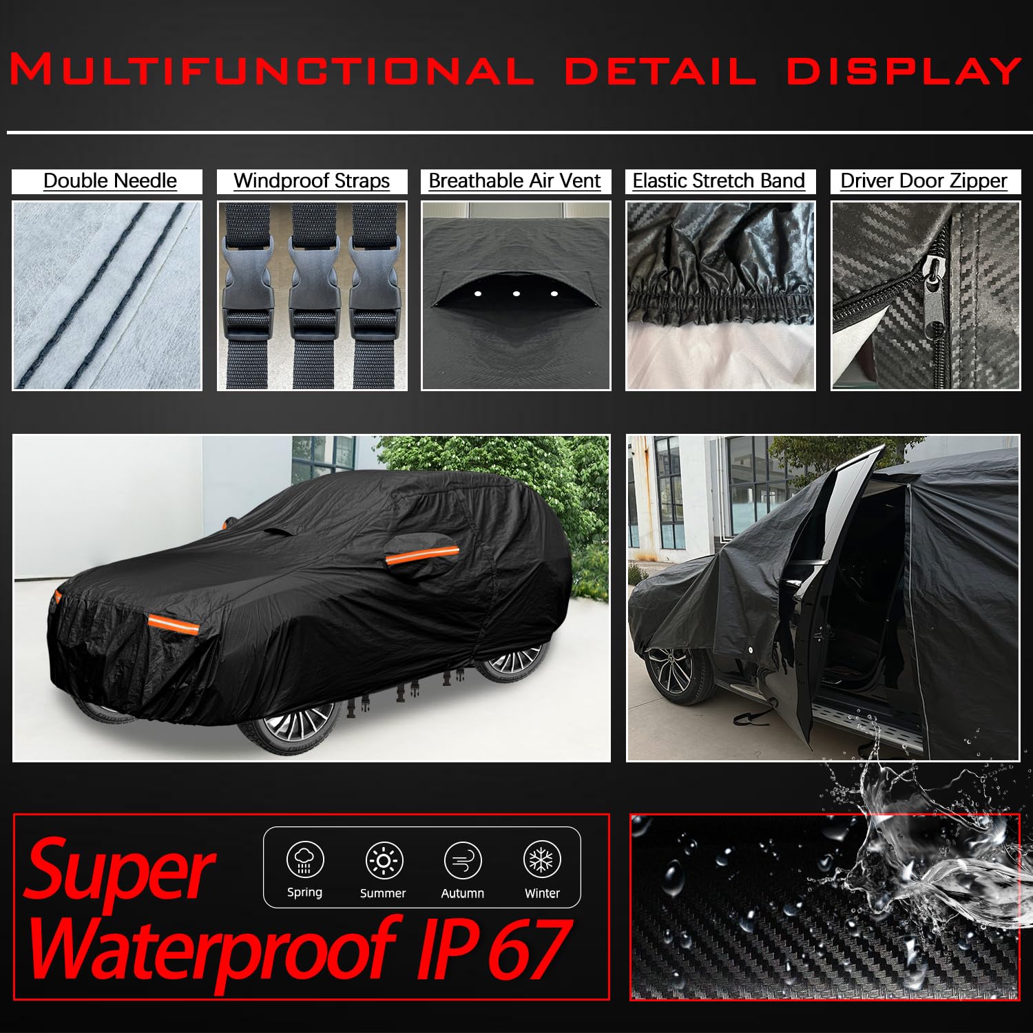 Oweeio 30 Layers Car Cover For Automobiles All Weather Waterproof, Outdoor Snowproof Uv Protection Windproof, Door Zipper, Soft