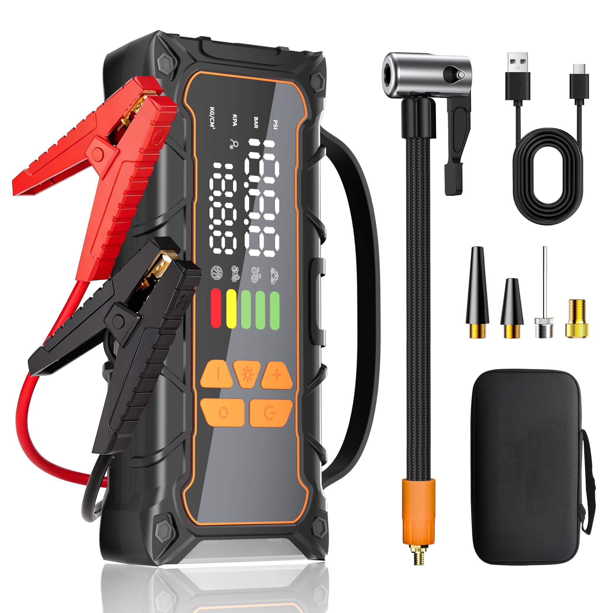 Battery Jumper Starter Portable, Jump Starter with Air Compressor-4000A 12V (7.0L Gas/ 6.0L Diesel) with 160PSI Tire Inflator, 1