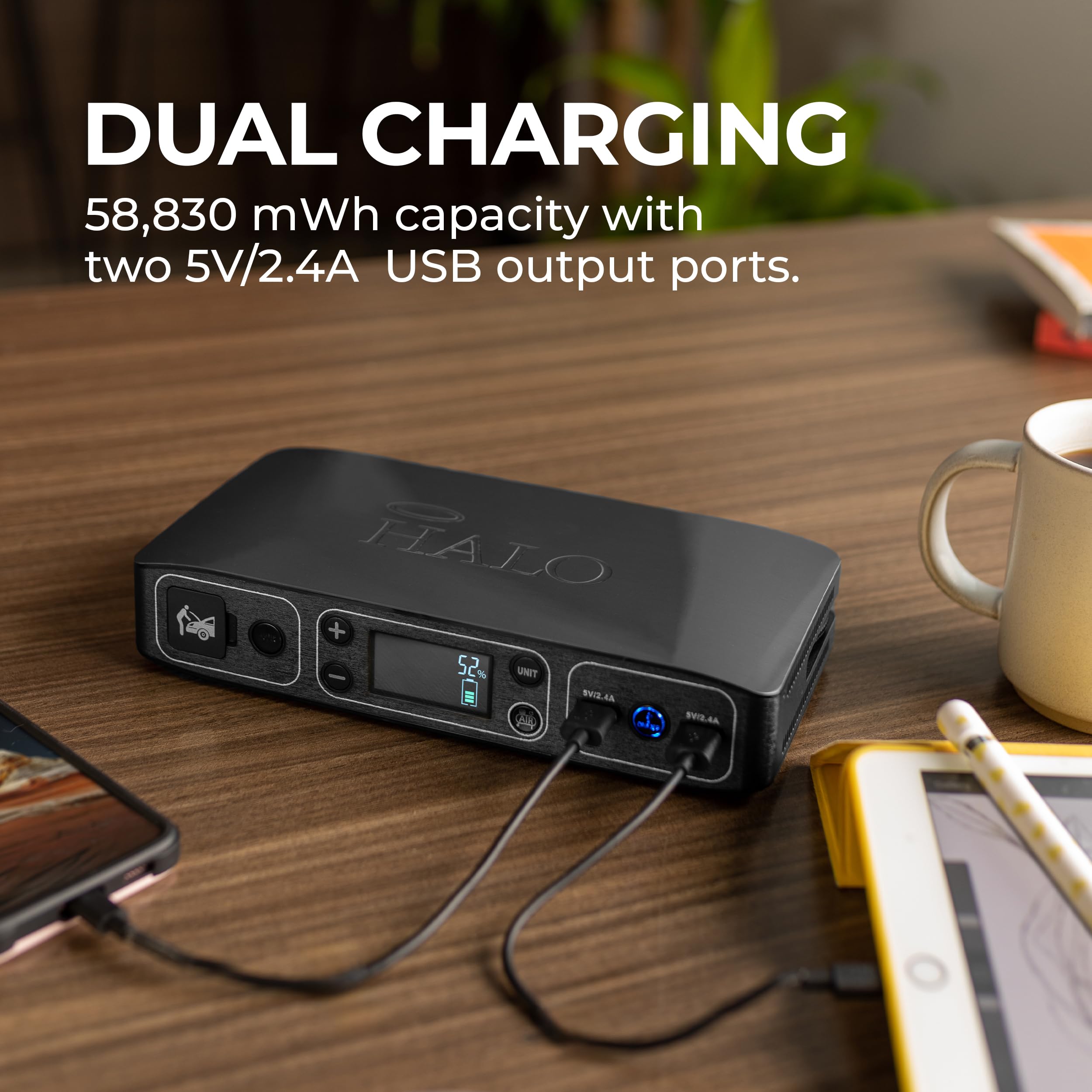 HALO Bolt Air 58830 Portable Car Jump Starter & Air Compressor, 100 PSI, USB Power Bank, Emergency Floodlight, Gray