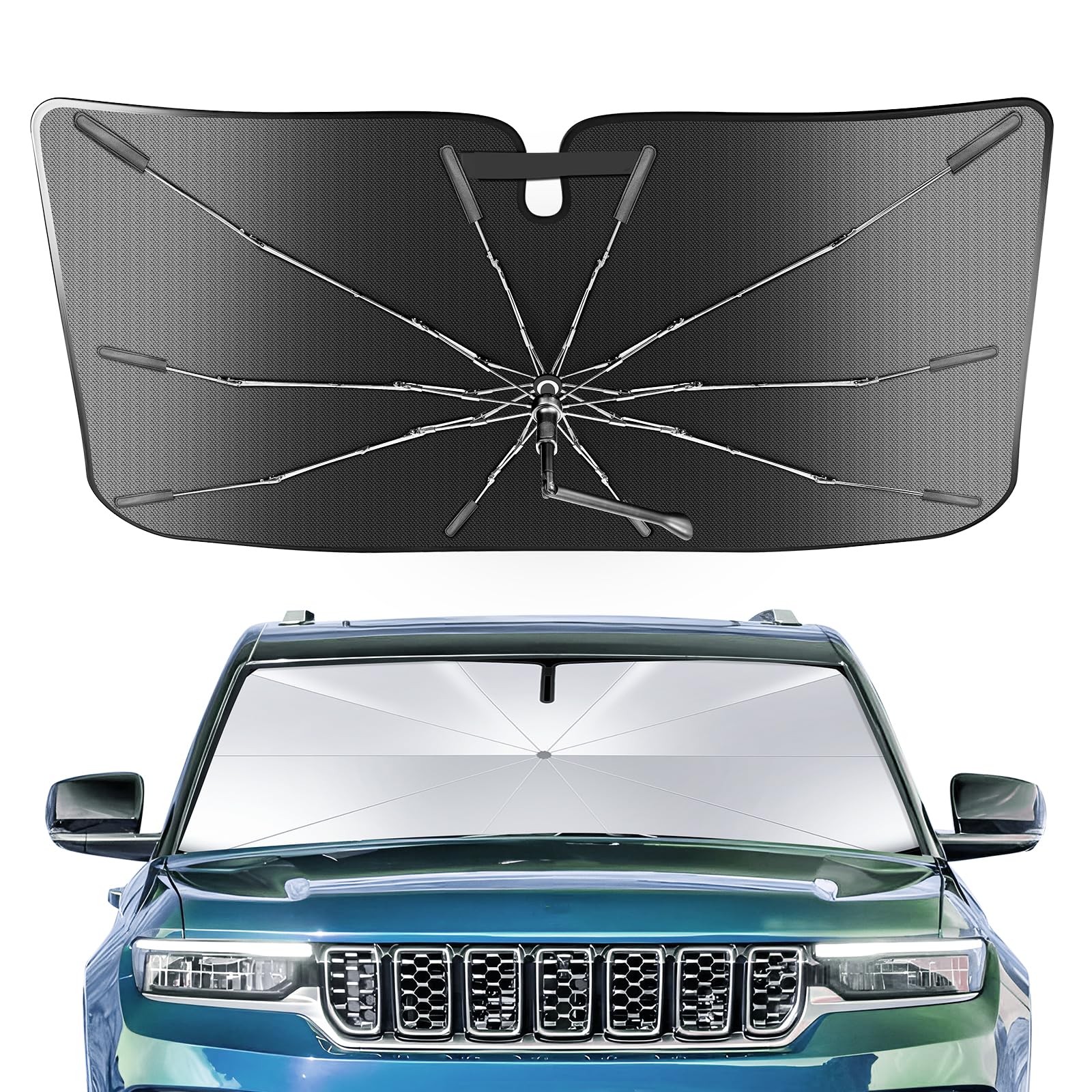 Portable Jeep Grand Cherokee 2021-2025 2026 Windshield Sunshade Umbrella with Carry Bag, 2 in1 Ice Crystal Durable Compact Shade