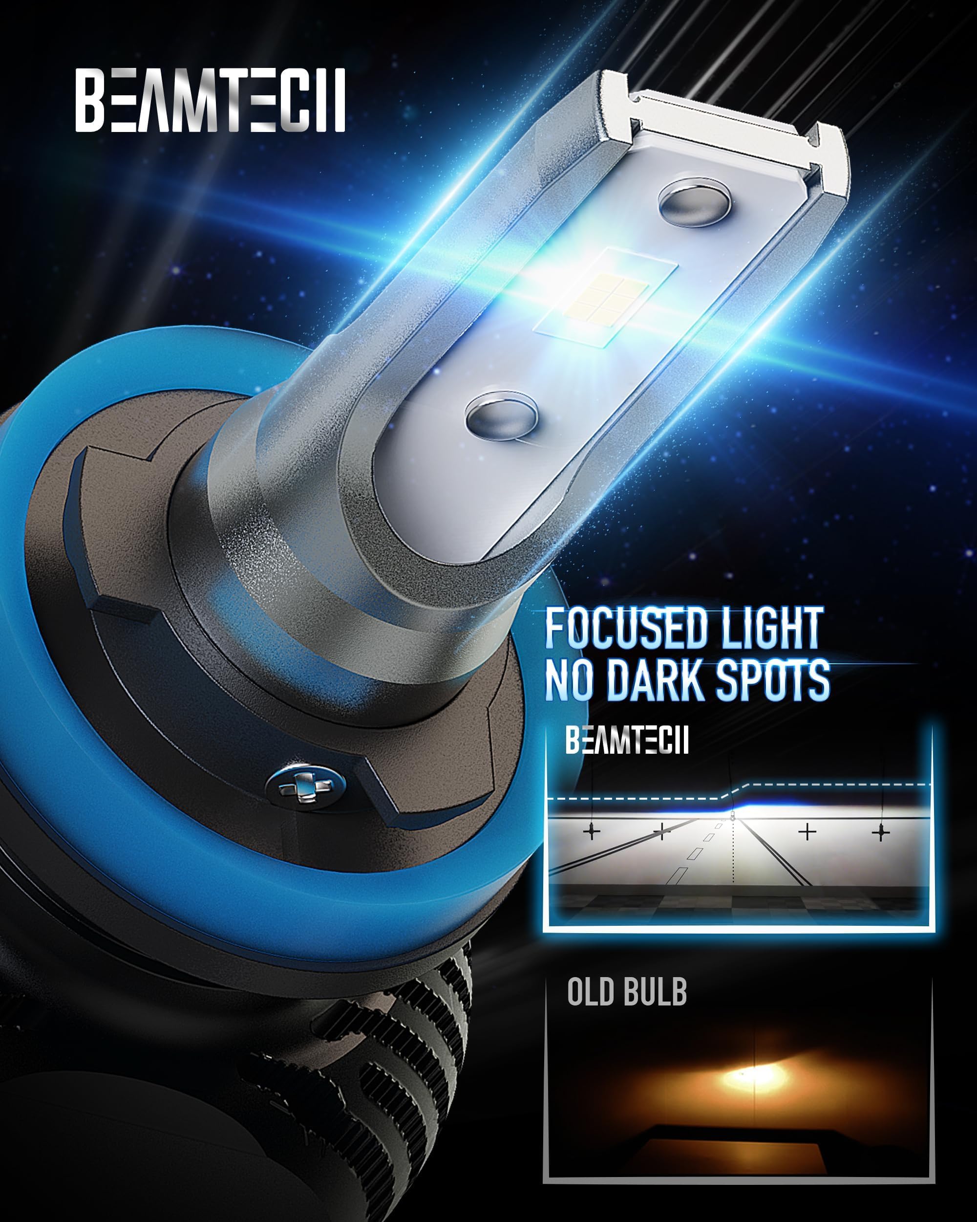 BEAMTECH H11 S1 Series Bulbs - 300% Brighter 6500K White Fog Lights, H8/H9 Compatible, Aluminum Construction, 2 Pack