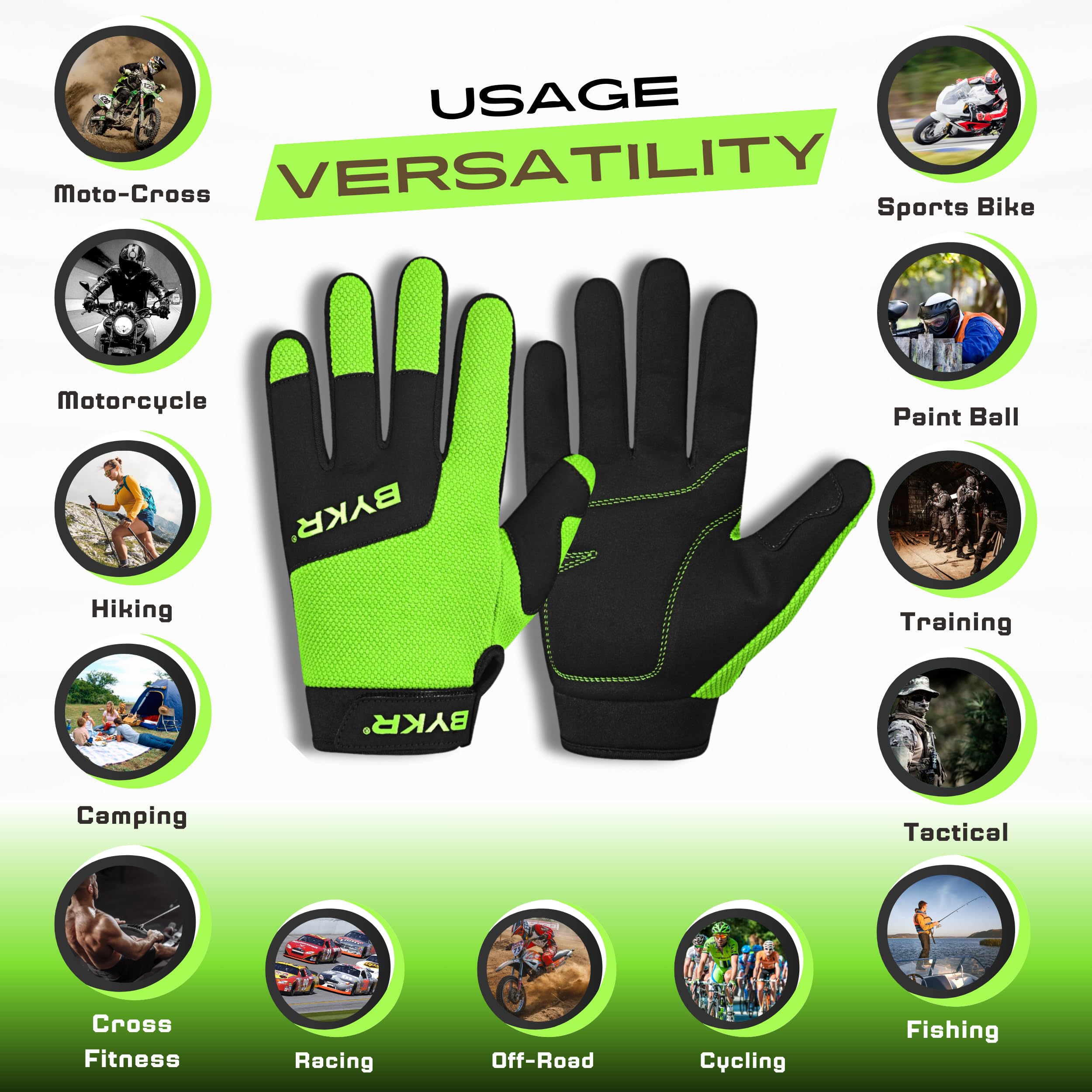 Bykr All-Weather Motorcycle Gloves For Men & Women - Protection For Dirt Bike, Bmx, Mx, And Atv Riding - Fl Green Xxl
