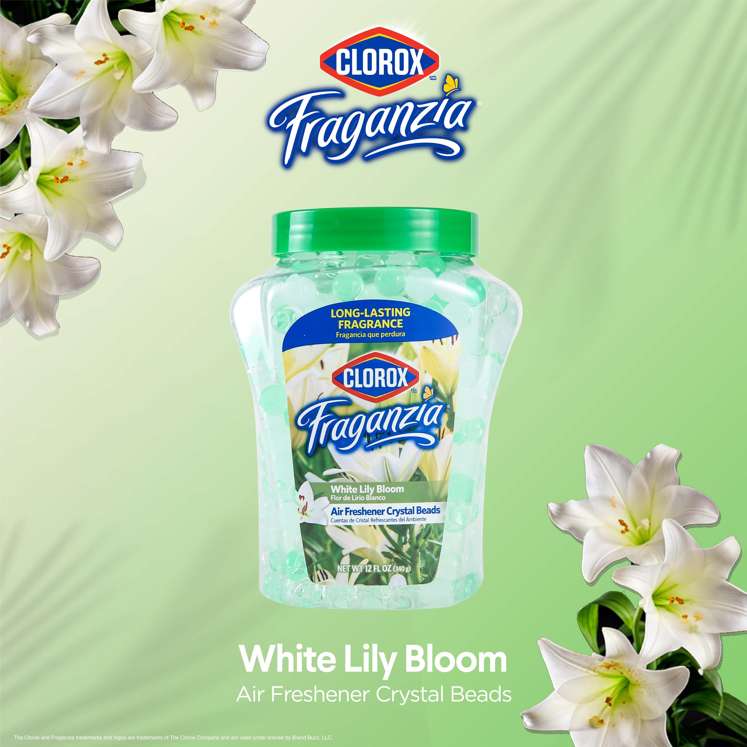 Clorox Fraganzia Crystal Beads Air Freshener, White Lily Bloom, 12 Fl Oz - Long-Lasting Odor Eliminator for Home, Car, or Office