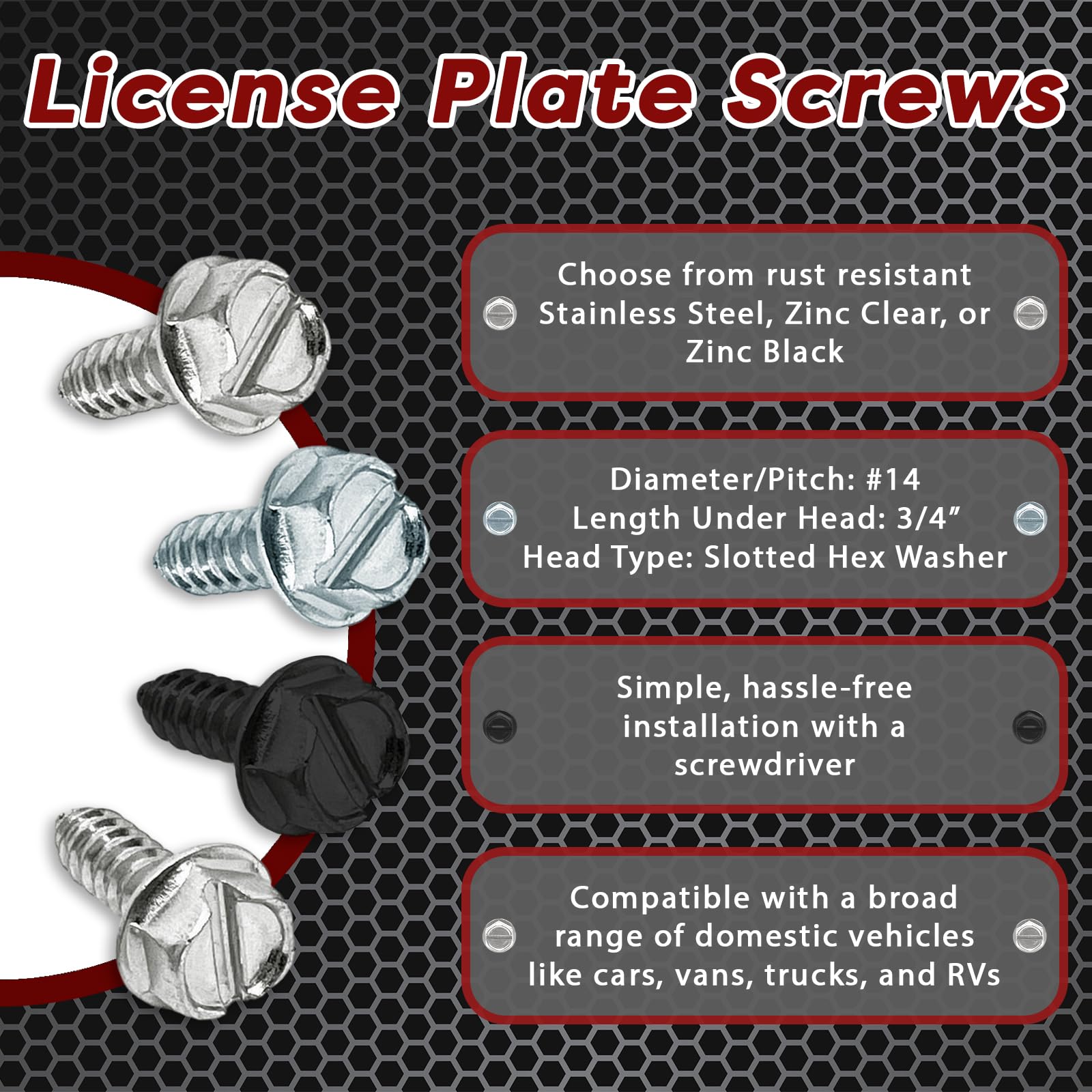 (4 Pieces) #14X3/4 Slotted Hex Washer Head Self Tapping Car Dealer License Plate Screws Zinc Black