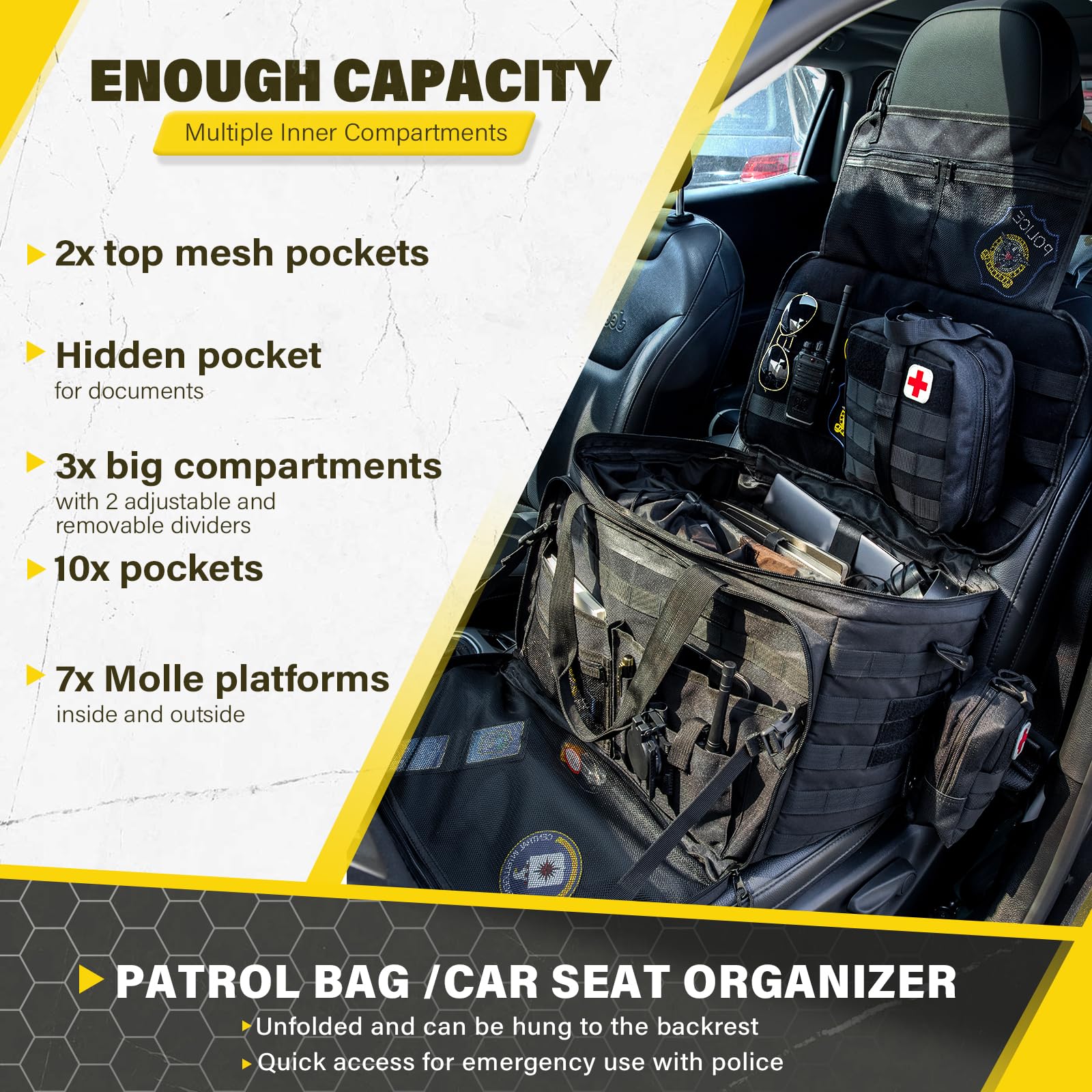 Golkcurx Patrol Bag - Law Enforcement Gear, MOLLE System, Cup Holders, Vehicle Organizer, Polyester, SET Model