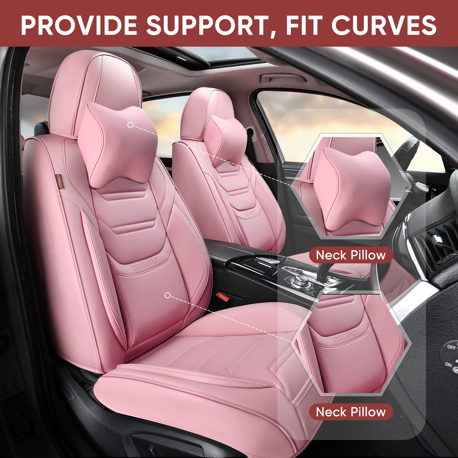 Tiehesyt Pink Car Seat Covers Full Set, Breathable Leather Automotive Front And Rear Seat Covers With Headrest, Waterproof Auto