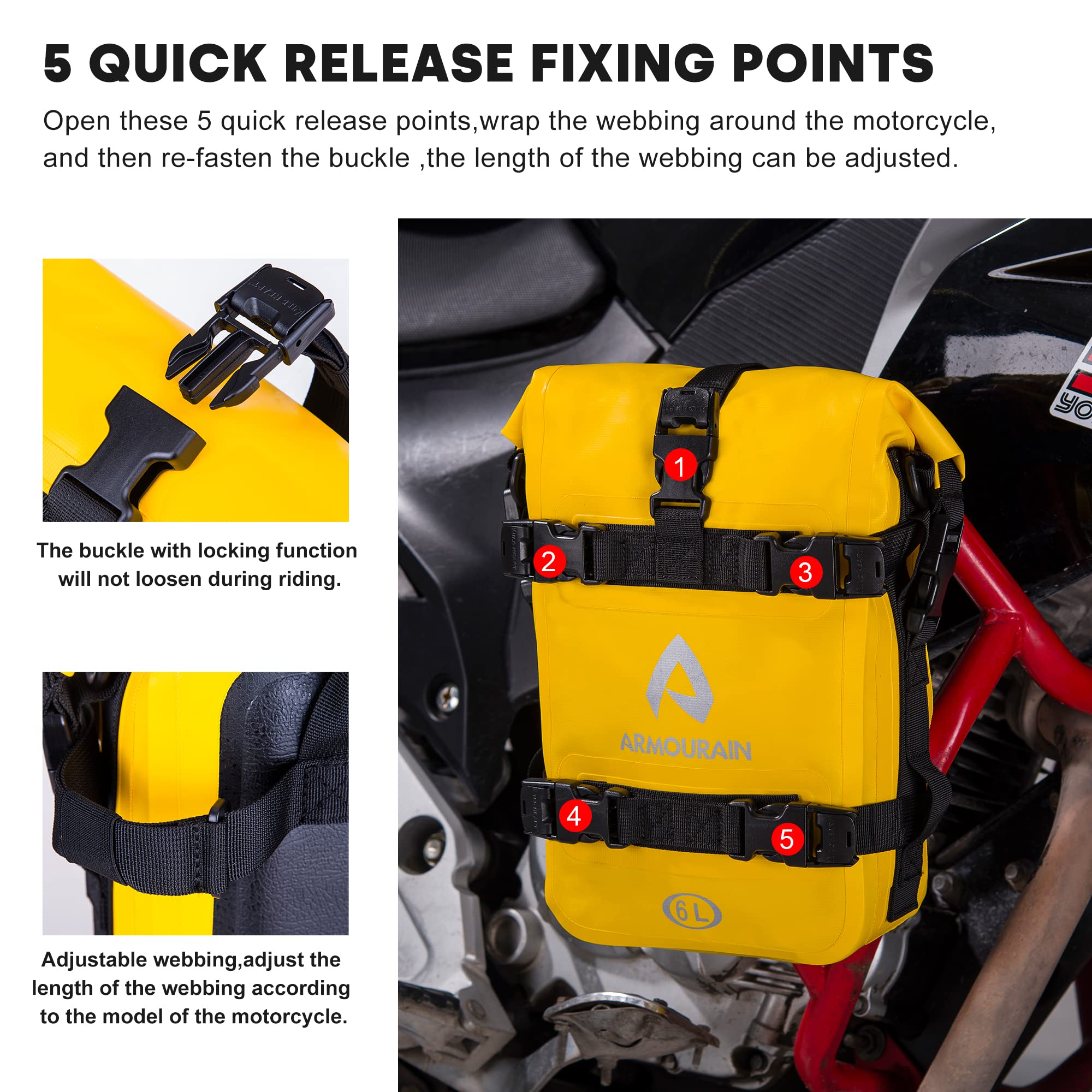 ARMOURAIN Motorcycle Bumpers Bag 6L Waterproof PVC Yellow AR-001Y with Shoulder Strap for Crash Bar and Riding Tools