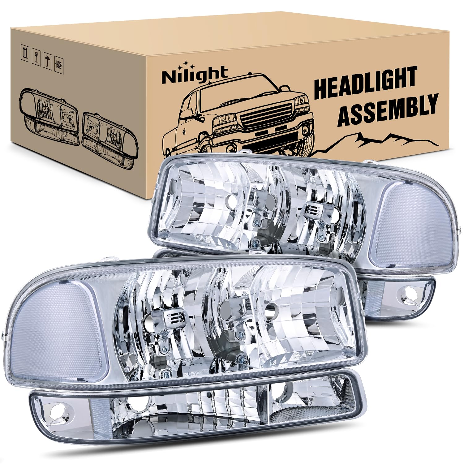 Nilight Headlight Assembly Compatible for 1999 2000 2001 2002 2003 2004 2005 2006 GMC Sierra Yukon, Chrome Housing Clear Corner 