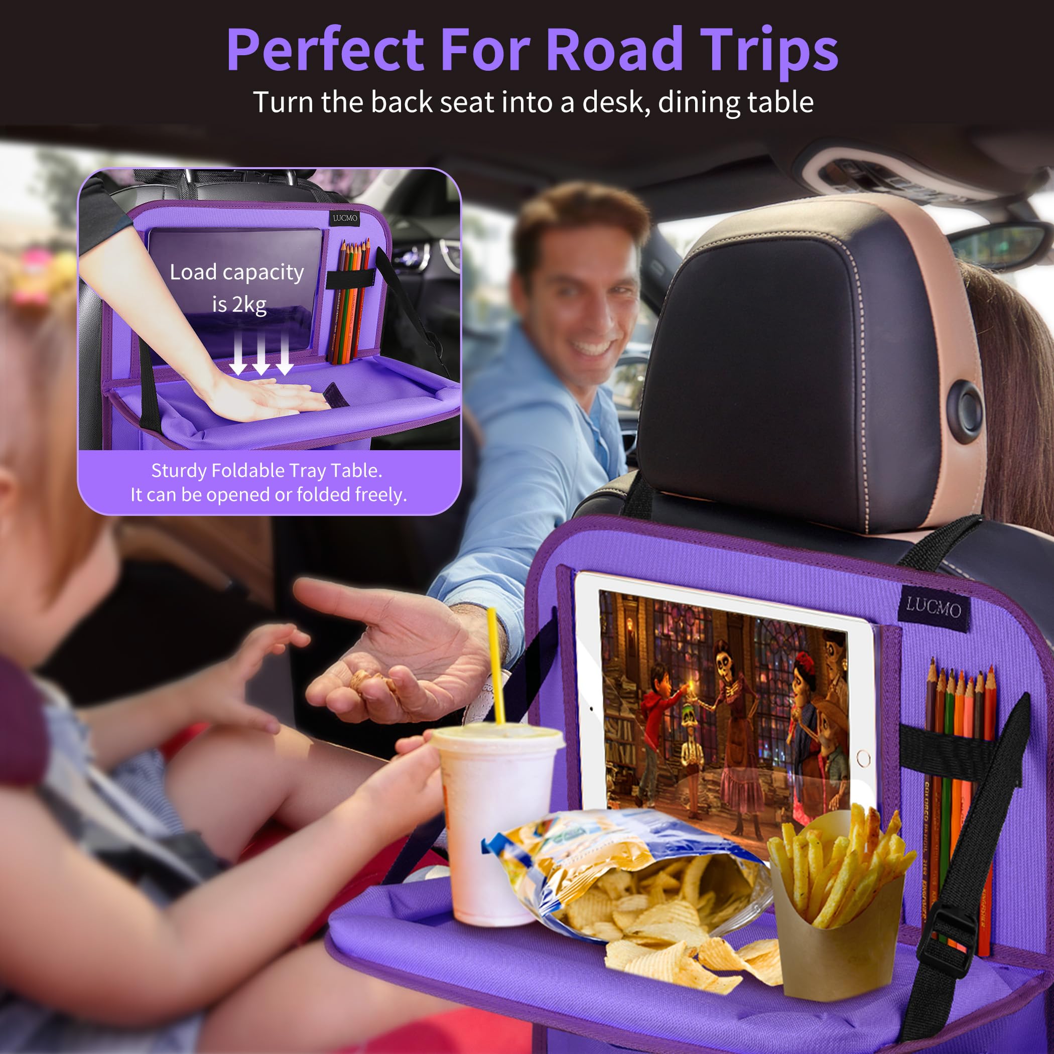 Lucmo Car Backseat Organizer With Tablet Holder,6 Storage Pockets Car Storage Organizer With Foldable Food Tray,Seat Protectors