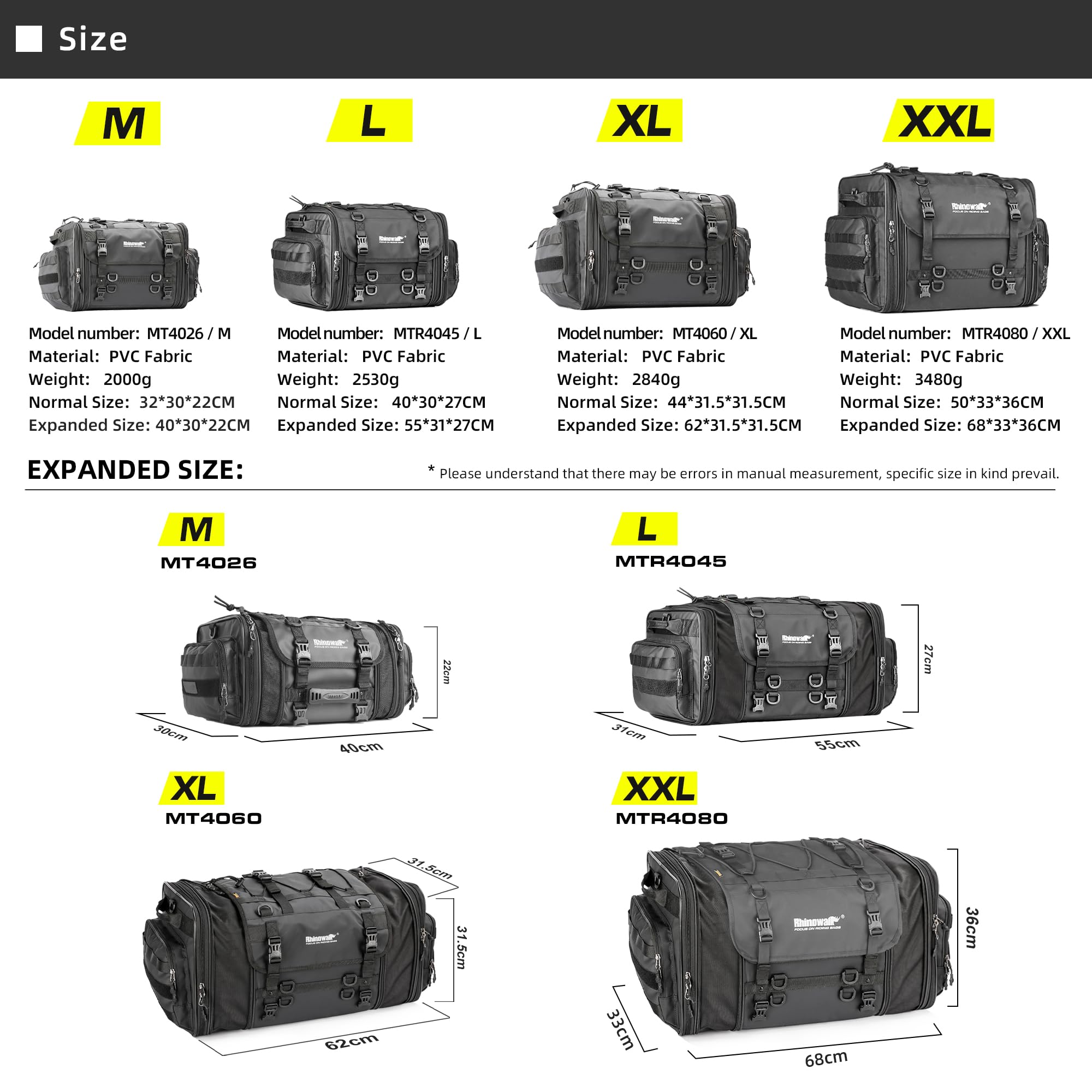 Rhinowalk Motorcycle Tail Bag - Expandable 80L Waterproof Luggage, Black, Model MT4080-1, Ideal for All Weather Travel