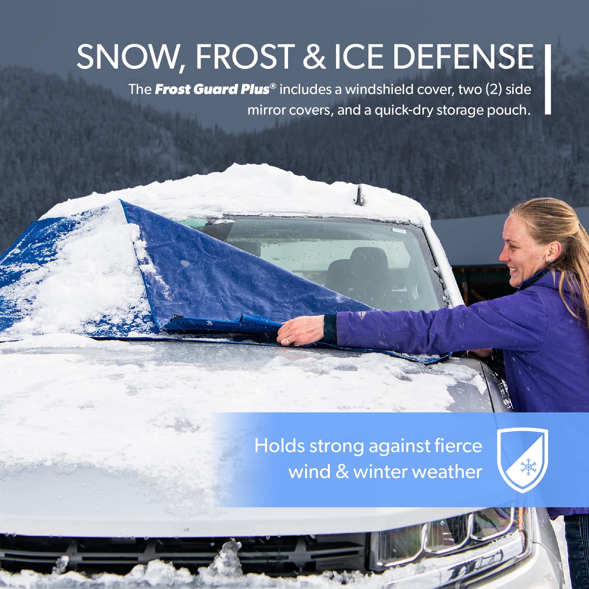 FrostGuard Plus Winter Windshield Cover - Indigo, Standard Size 59x41", Built-in Security Panels, Wiper Blade & Mirror Coverage