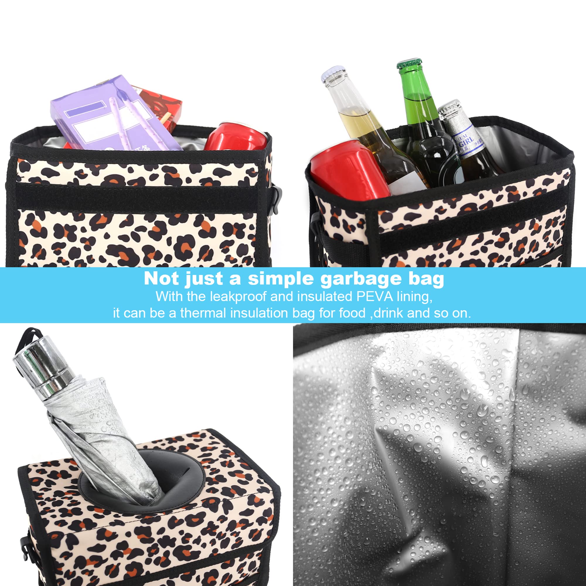 Femuar Car Trash Can - Leak Proof & Waterproof, 3 Gallons, Leopard Print, TL254, Multipurpose Hanging Organizer for SUV Front Seat