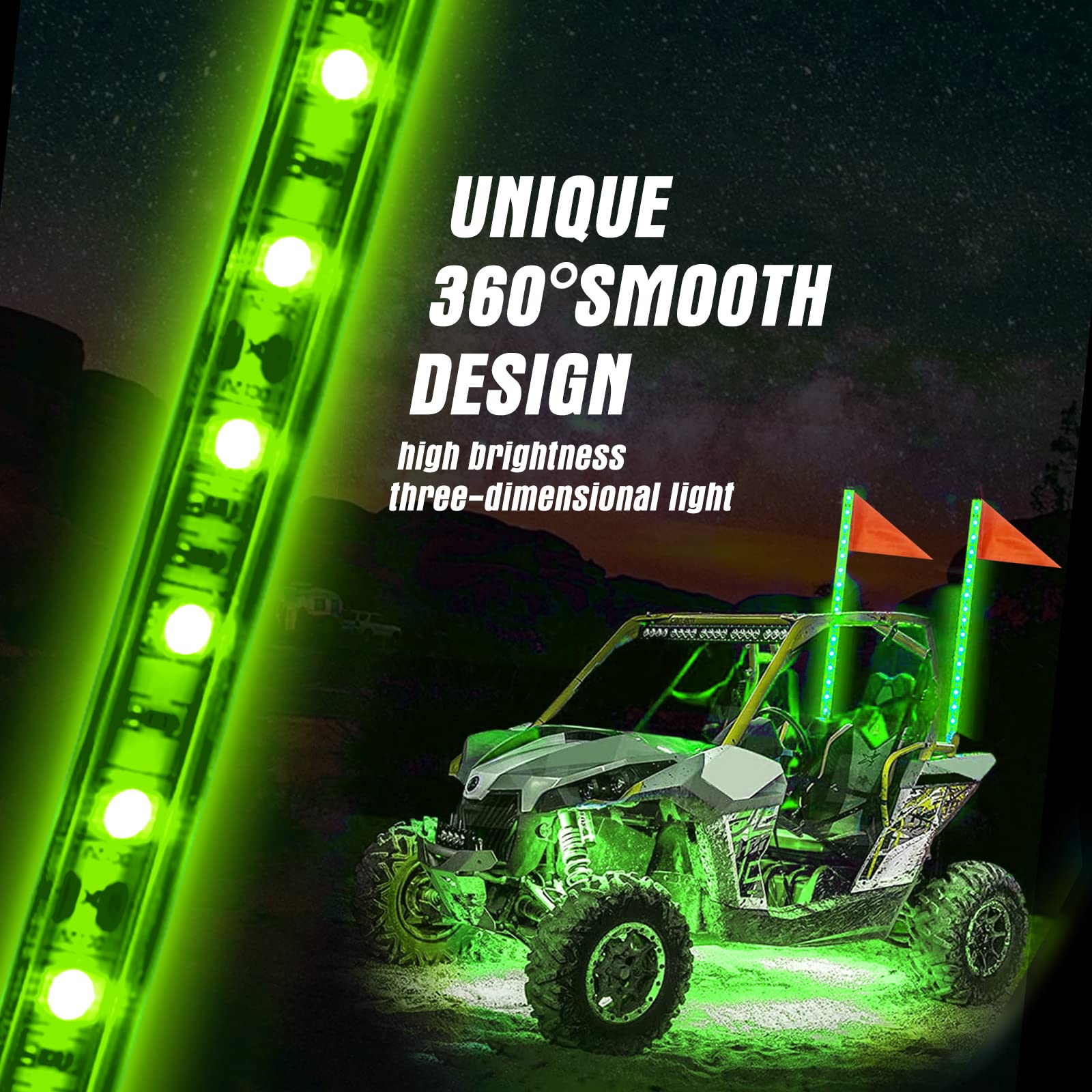 2PCS 1.2M Green LED Whip Light for Truck, BESTZHEYU 4FT ATV UTV LED Whip Light Antenna Whips for RZR Polaris Off-Road Sand Dune