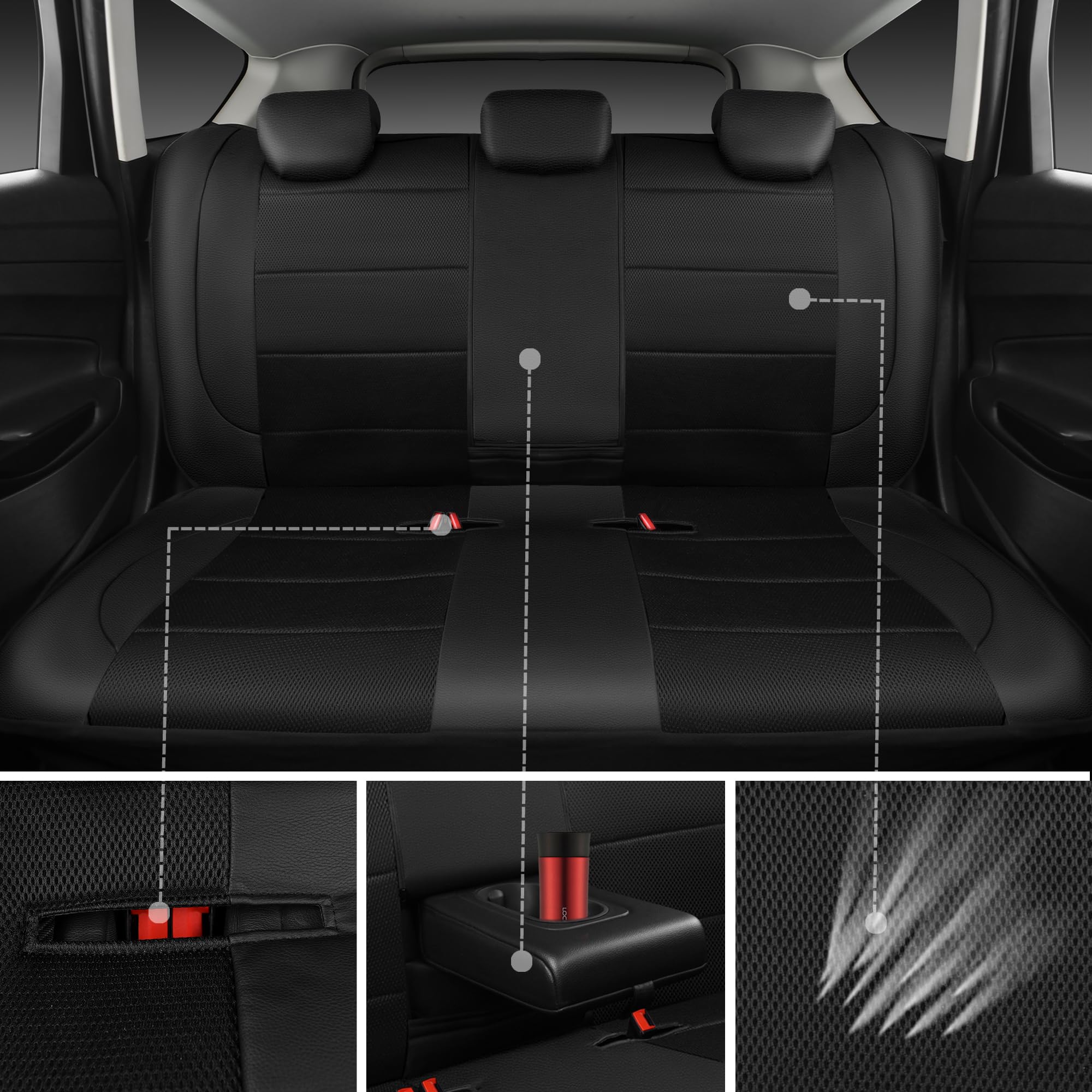 CAR PASS Leather Back Seat Cover, Universal Fit, Breathable Mesh, Airbag Compatible, 5mm Sponge, Rear Black, Model zt-0121HP-BK1