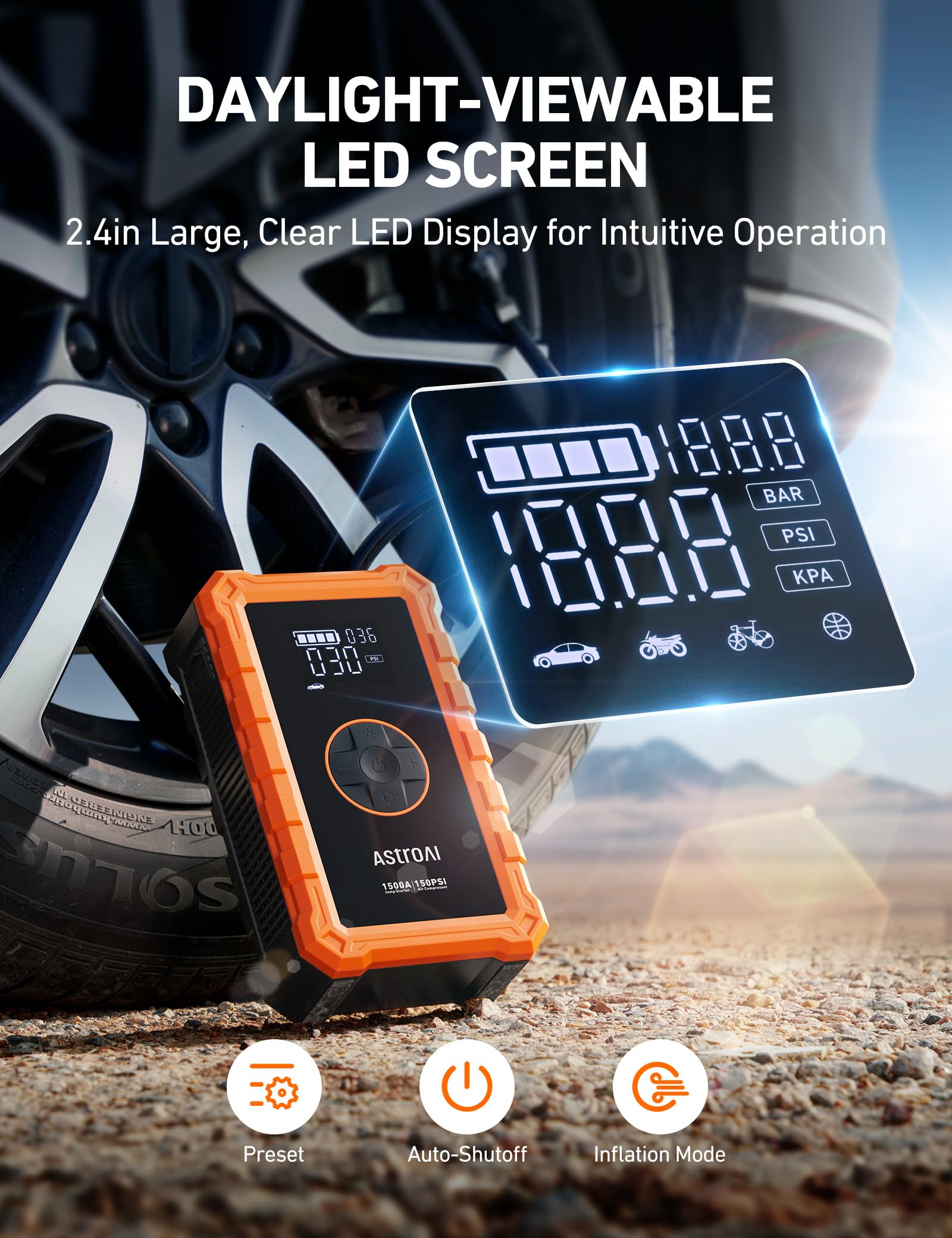 AstroAI S8 Air Jump Starter & Tire Inflator, 3000A Peak, 150PSI, Portable, Large, Orange