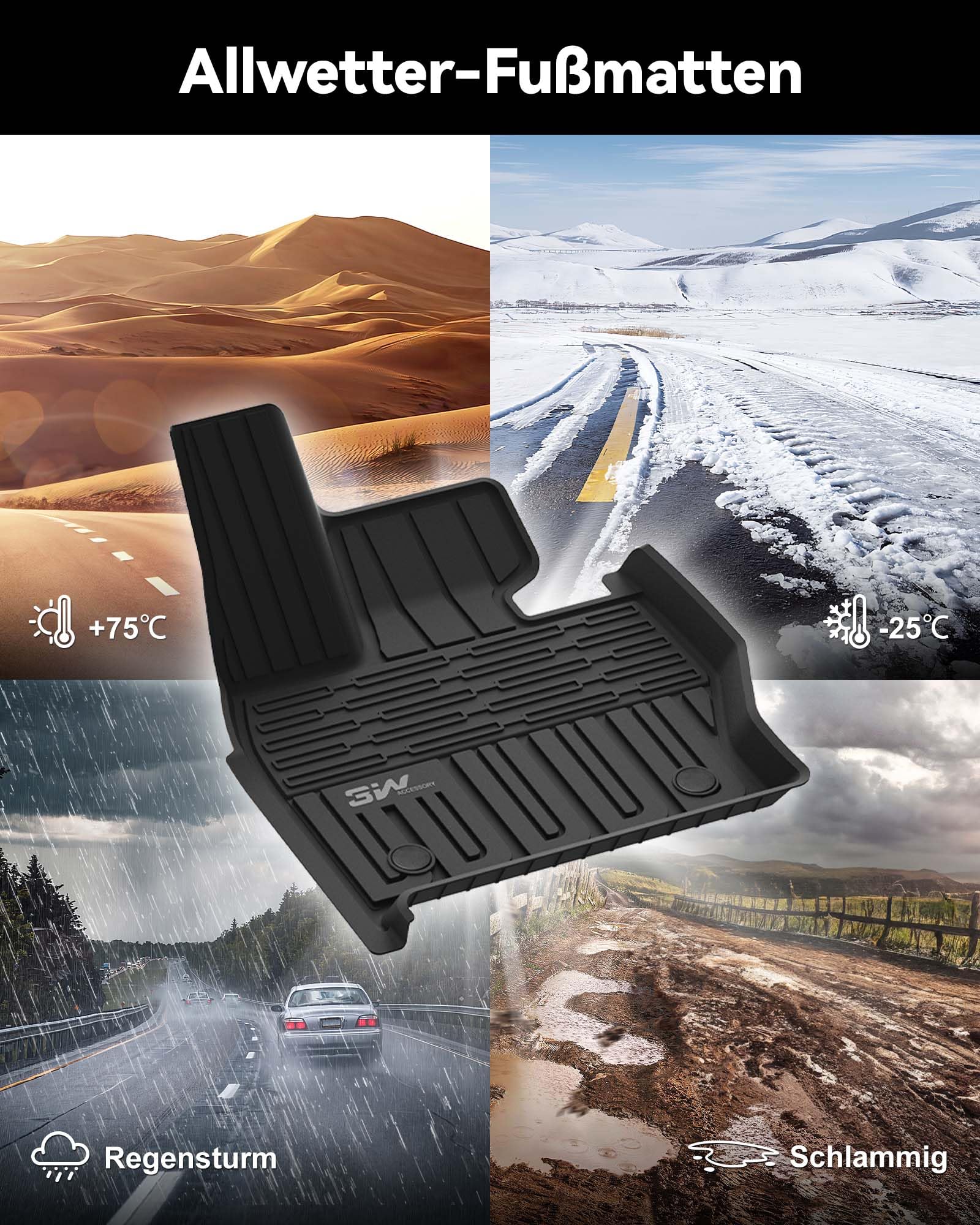 3W TPE All Weather Floor Mats for Range Rover Sport 2023-2025, Black, Custom Fit 1st & 2nd Row Liners