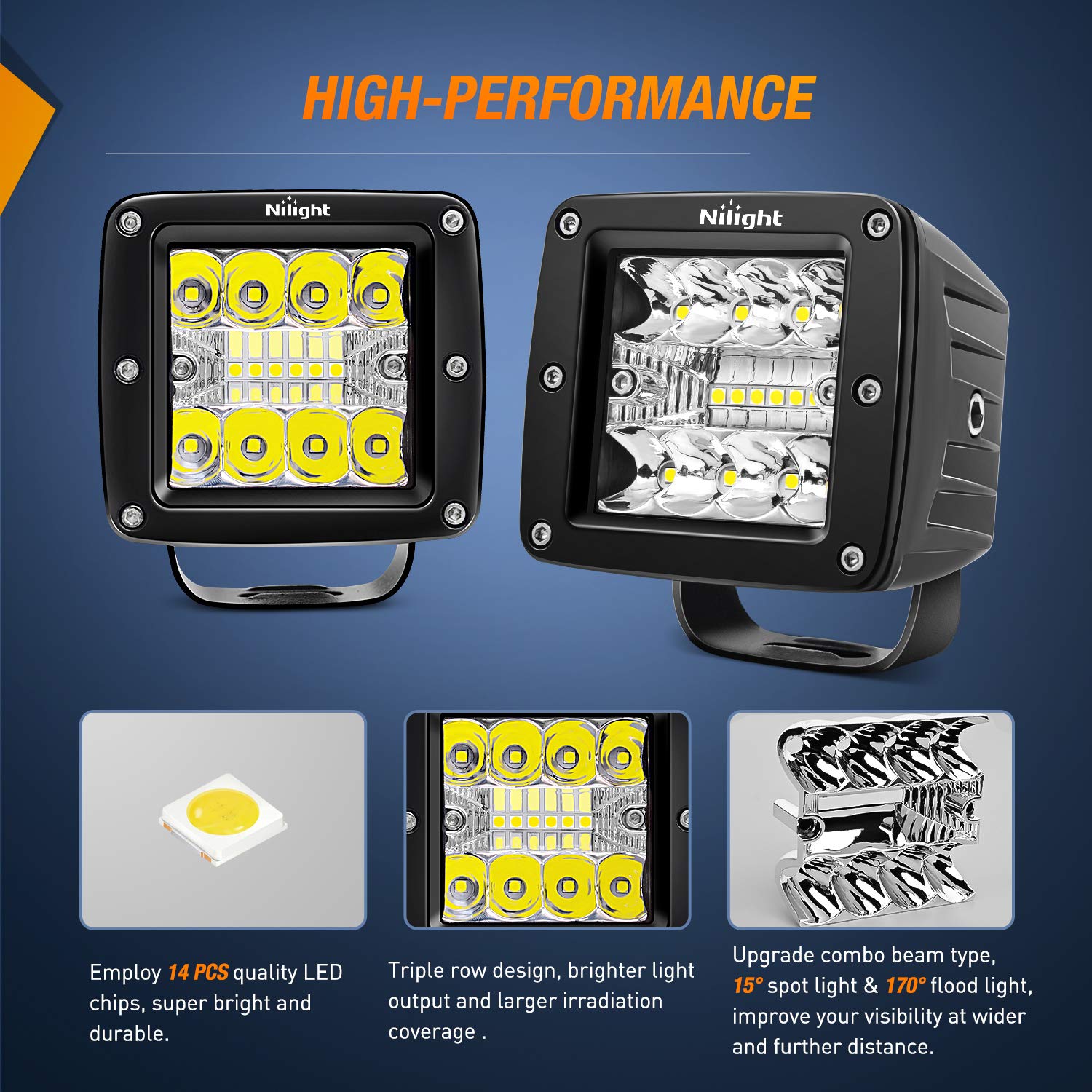 Nilight Led Pods 2Pcs 3 Inch 42W Led Cubes Spot Flood Combo Square Driving Fog Off Road Work Lights For Trucks Pickup Golf Cart