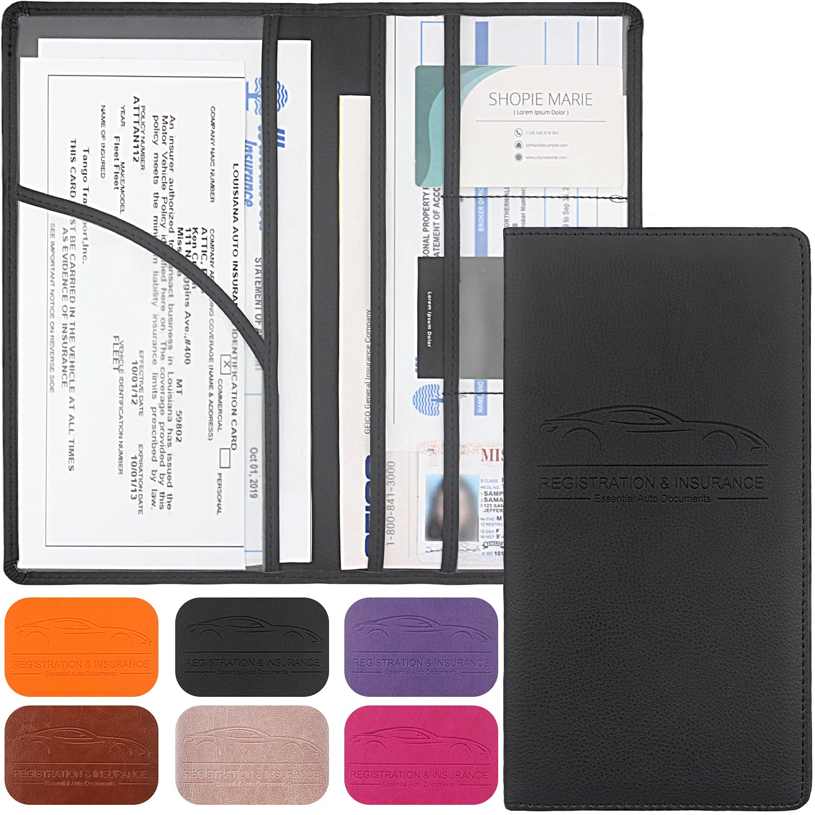 Car Registration And Insurance Holder, Premium Leather Registration And Insurance Card Holder,Vehicle Glove Box Car Organizer,With Magnetic Shut For Cards, Essential Document, Driver License (Black)
