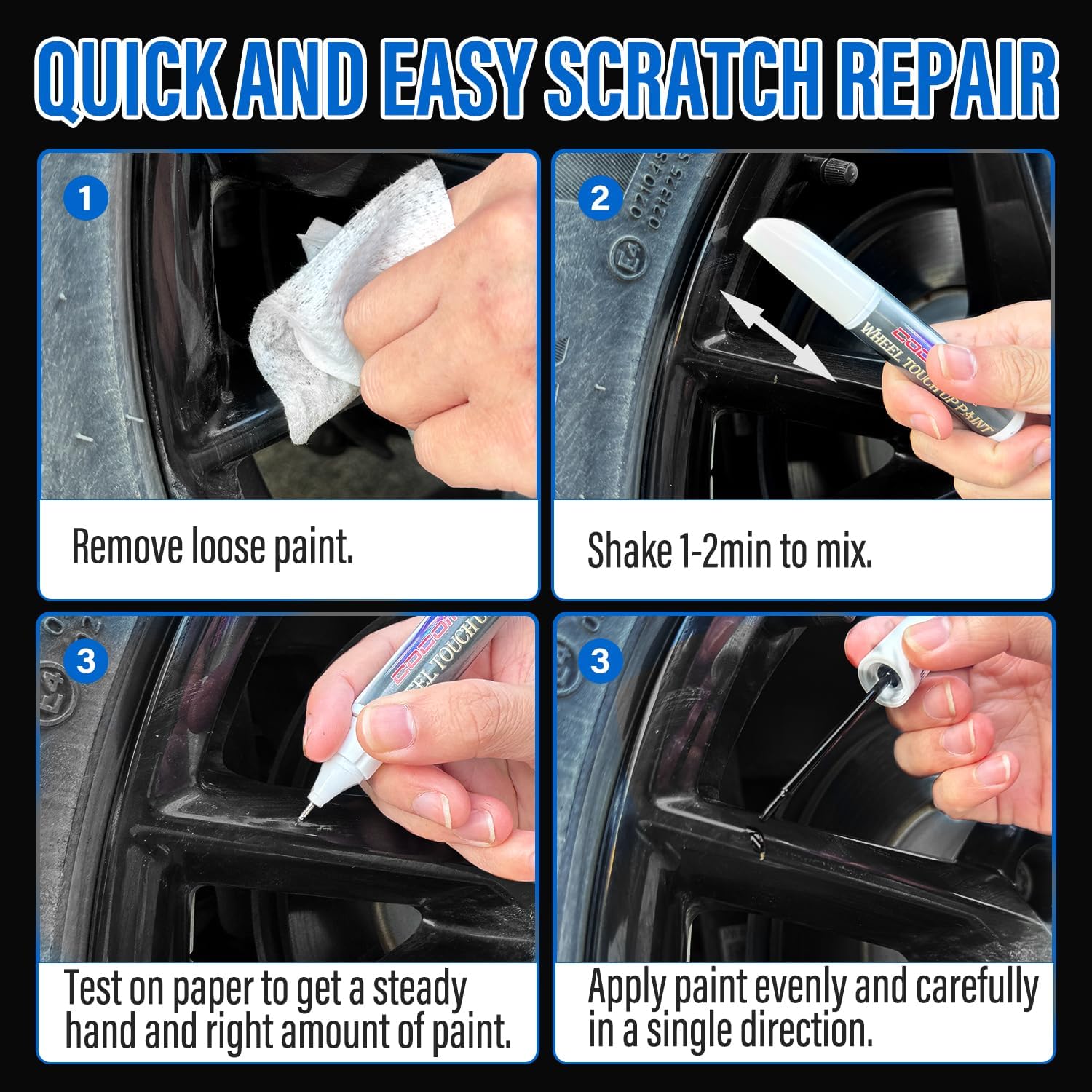 Cocomfix Matte Black Rim Touch Up Paint Pen - 1 Fl Oz for Quick Fix of Scratches, Chips, and Curb Rashes on Wheel Rims