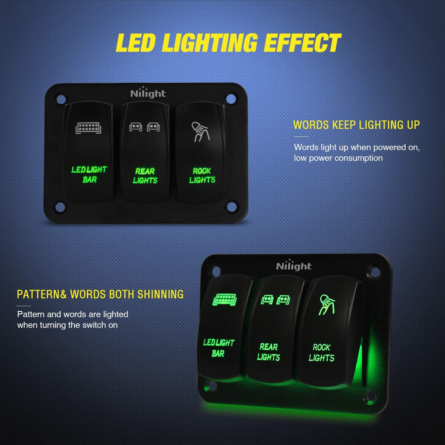 Nilight 3 Gang Rocker Switch Panel Aluminum 5 Pin On Off Toggle Led Light Bar Spst 12V-24V Green Switches For Marine Boats,Cars,