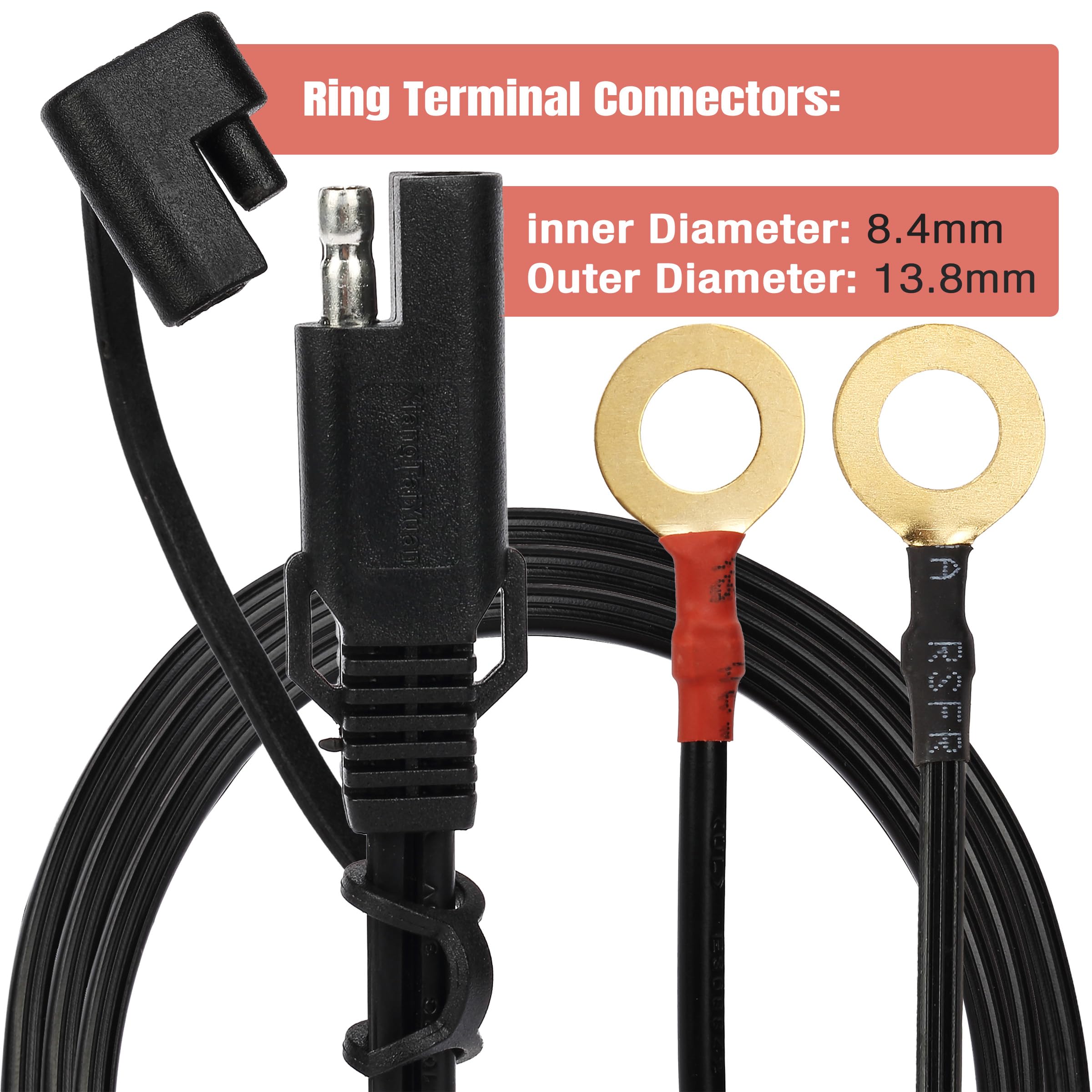 Bates- SAE Battery Connector, 2 Pack, 2 FT, SAE to O Ring Terminal Harness, 2 Pin Battery Connector, SAE Connector, Battery Quic