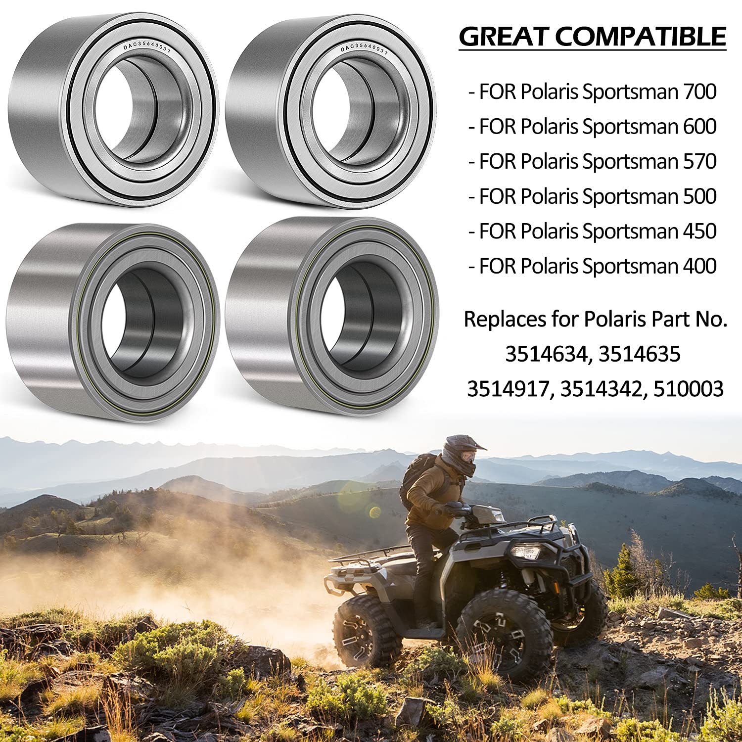 4 Pcs Front and Rear Wheel Bearings for Polaris Sportsman 400 450 500 600 700 X2 HO EPS 4X4 Replace 3514634 3514635
