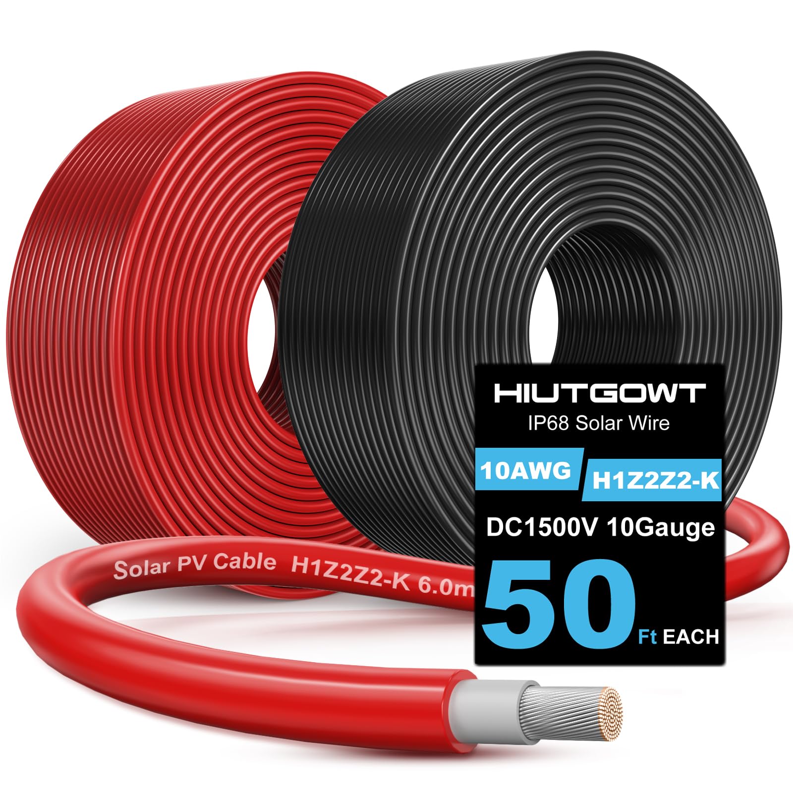 Hiutgowt 10AWG Solar Wire, Solar Cable 50Ft, Solar Extension Cable, Solar Panel Wire, 10 Gauge Wire Tinned Copper PV Wire for Ho