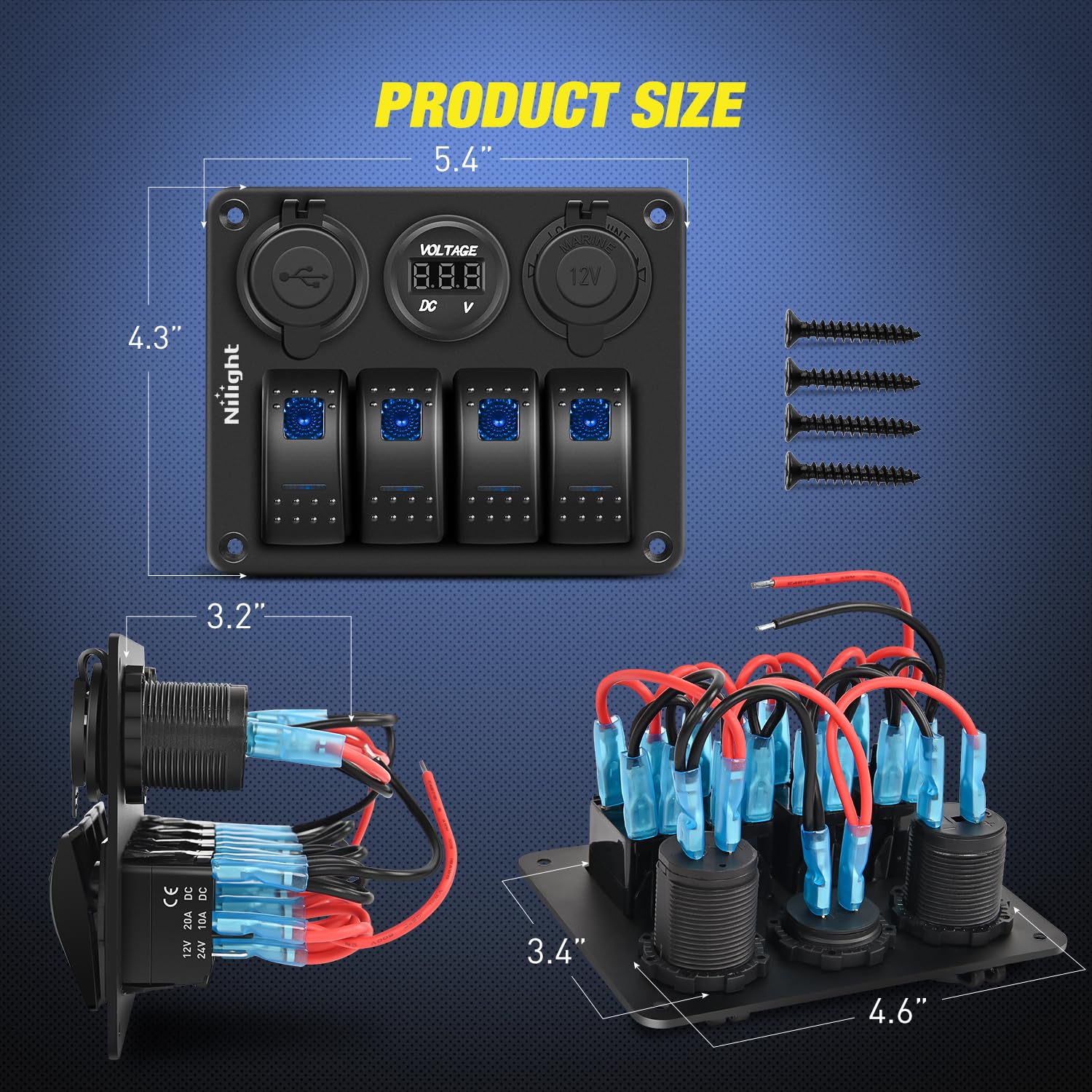 Nilight 4 Gang Rocker Switch Panel Waterproof Pre-Wired Aluminum with PD Type C and USB Cigarette Lighter Socket Voltmeter 12V 2