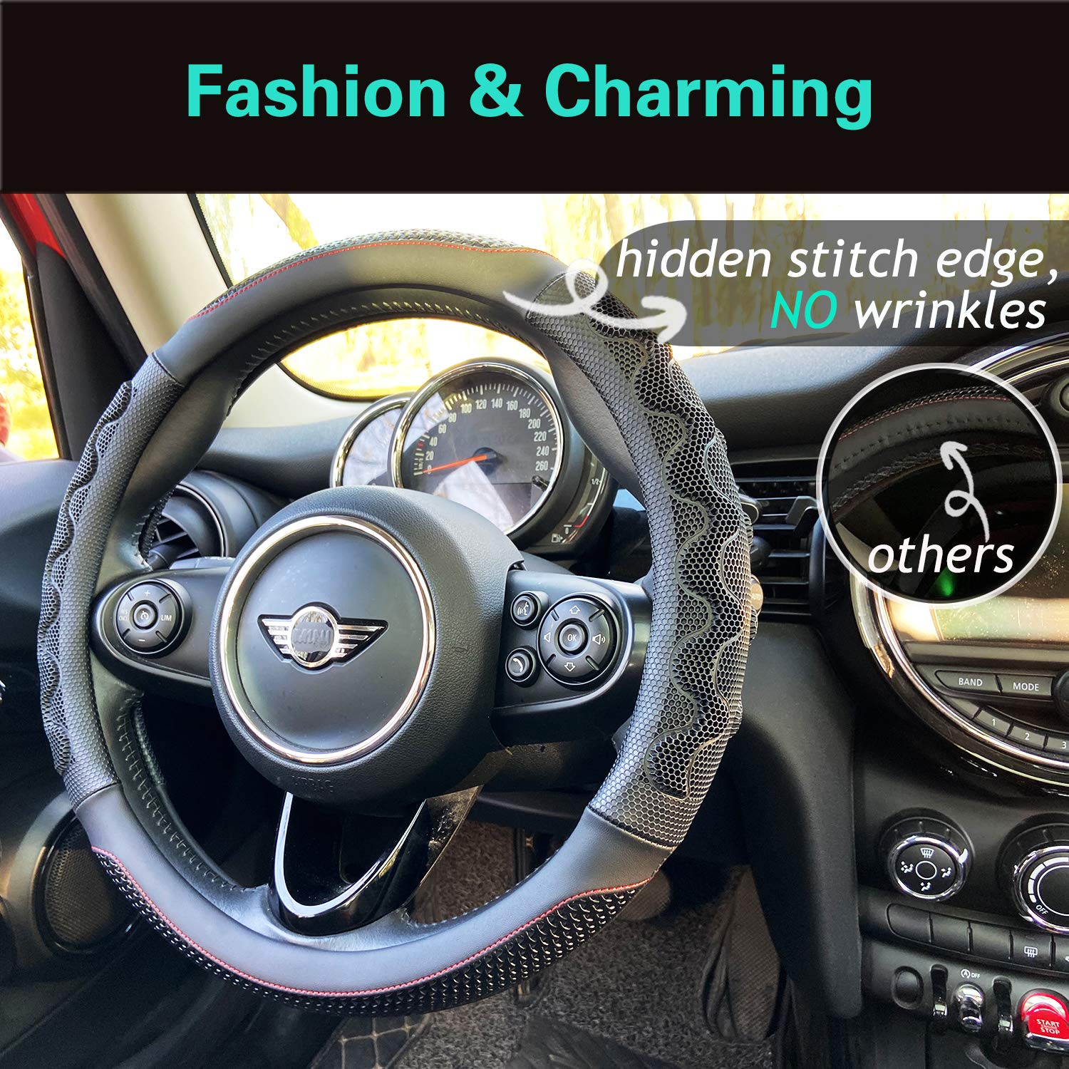 Pinctrot Large Size Steering Wheel Cover Great Grip With 3D Honeycomb Anti-Slip Design, 15.5-15.75 Inch (Black/Red Stitch)