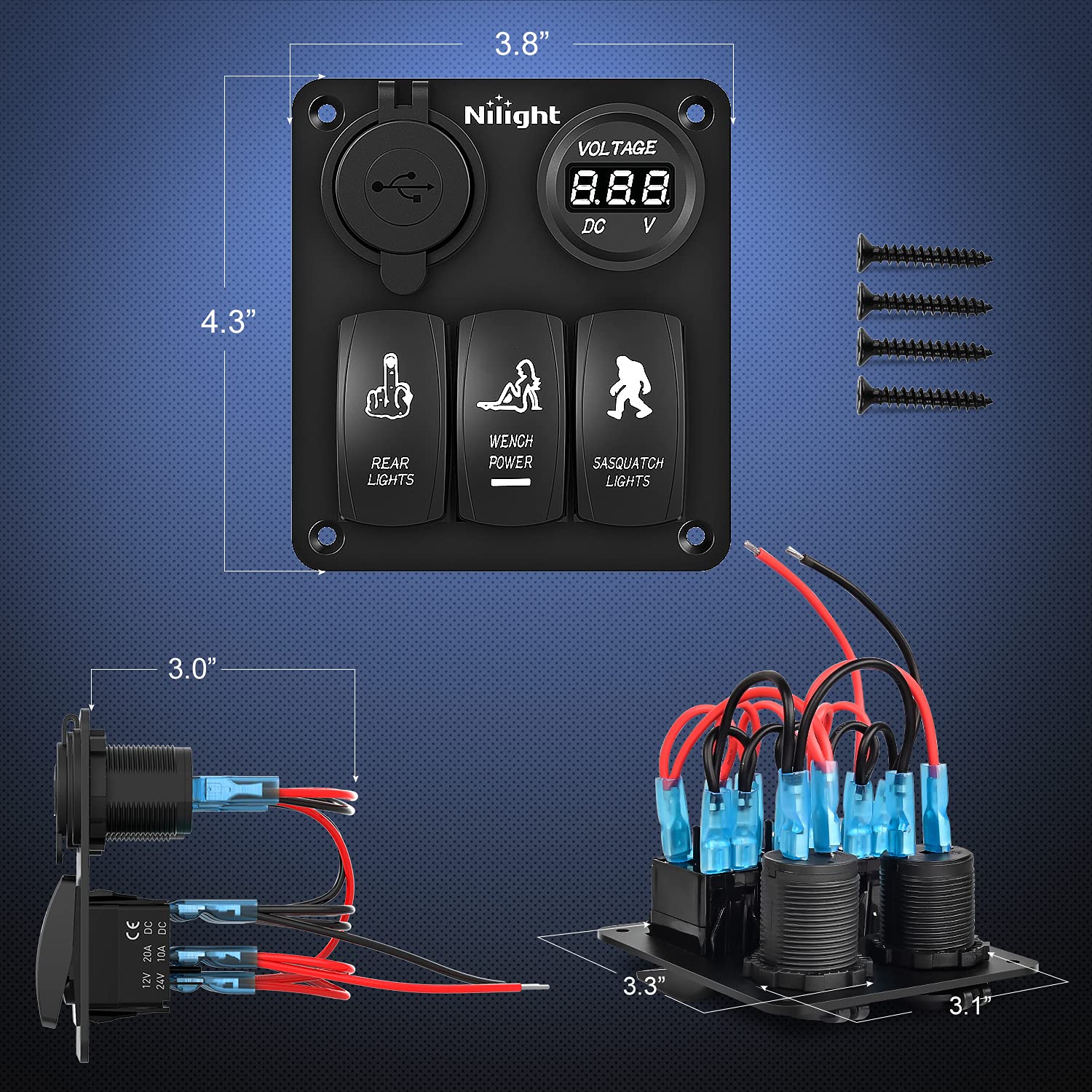 Nilight 3 Gang Rocker Switch Panel USB Charger LED Voltmeter Sasquatch Lights Wench Power Rear Lights Switch On Off Waterproof T