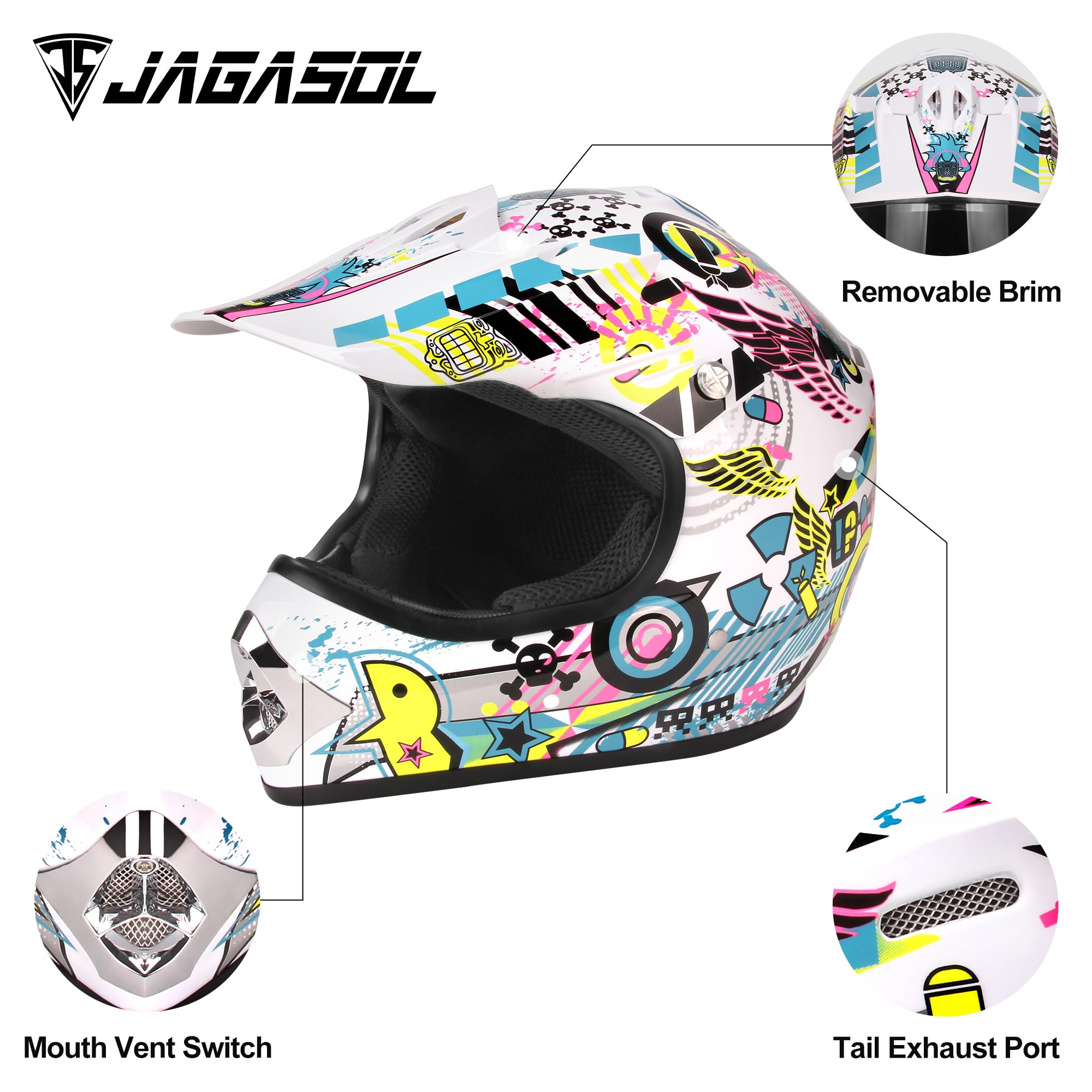 JAGASOL DOT Youth Motocross Helmet, Small, Matte Black, ABS, Model JS-ETYYK-B12, Includes Goggles