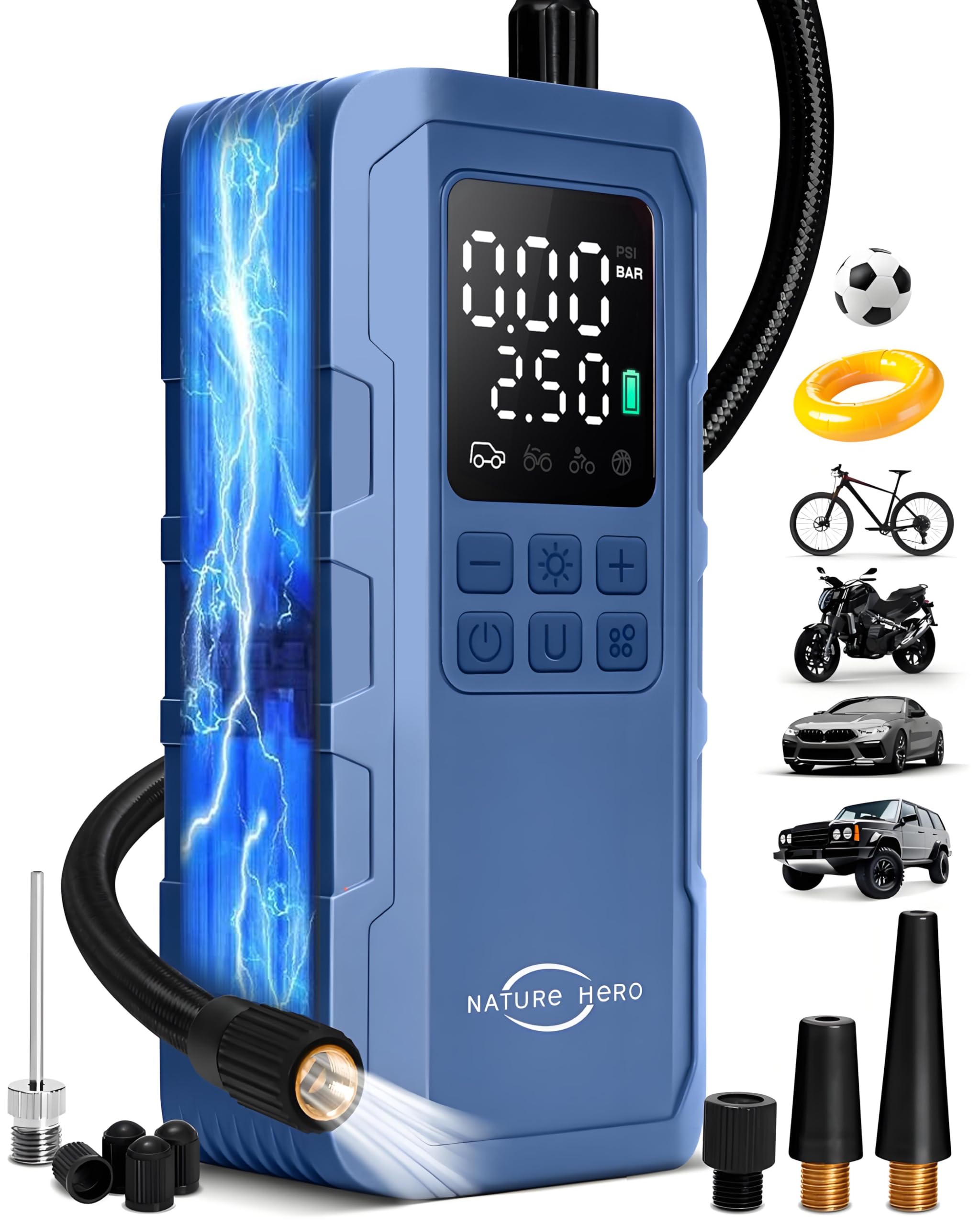 Nature Hero Tire Inflator Portable Air Compressor,150 Psi Car Tire Air Pump Portable With Digital Lcd Pressure Gauge,Electric Ai