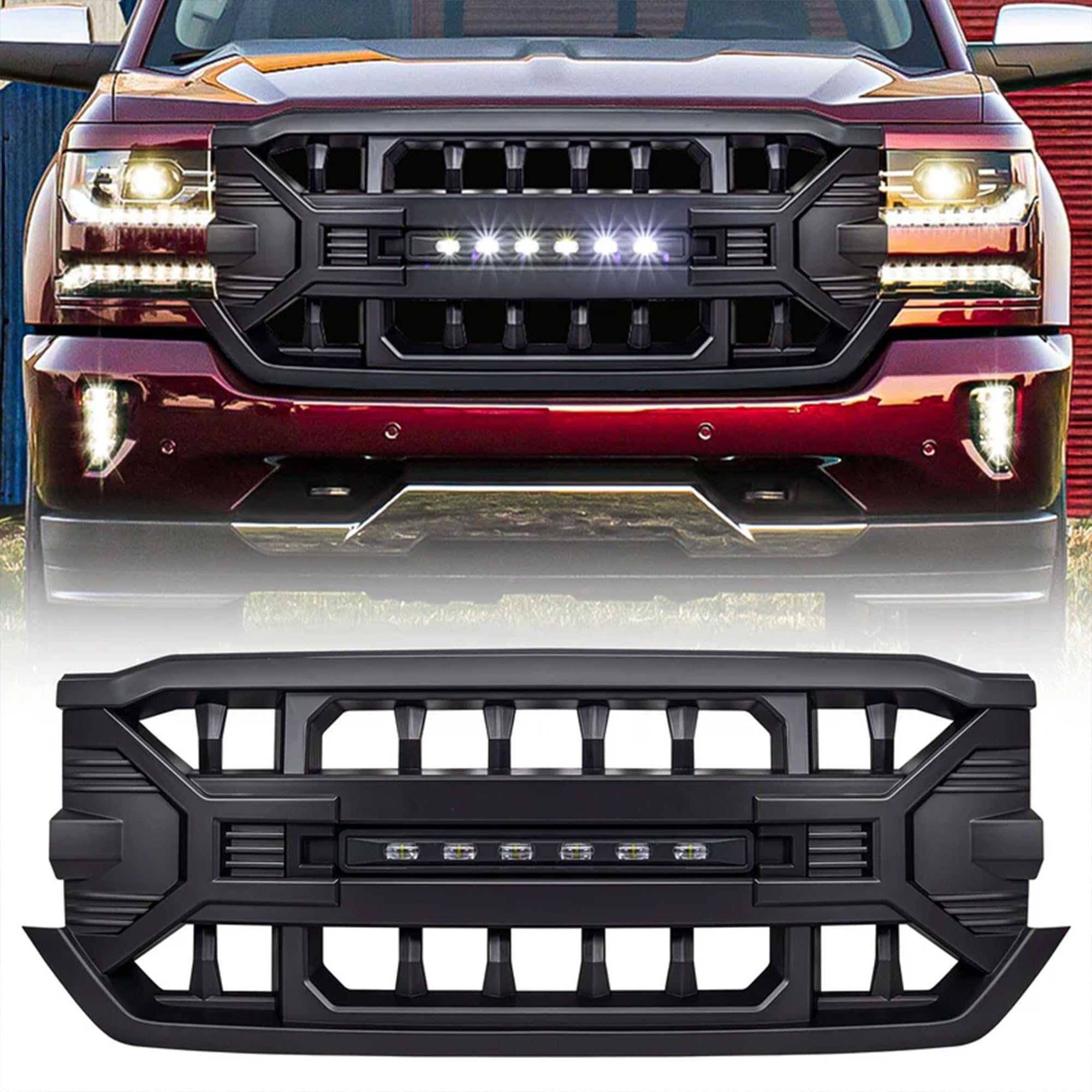 AMERICAN MODIFIED Armor Grille with Off-Road LED Lights Compatible with Chevrolet Silverado 1500, 2016 to 2019 Models, Matte Bla