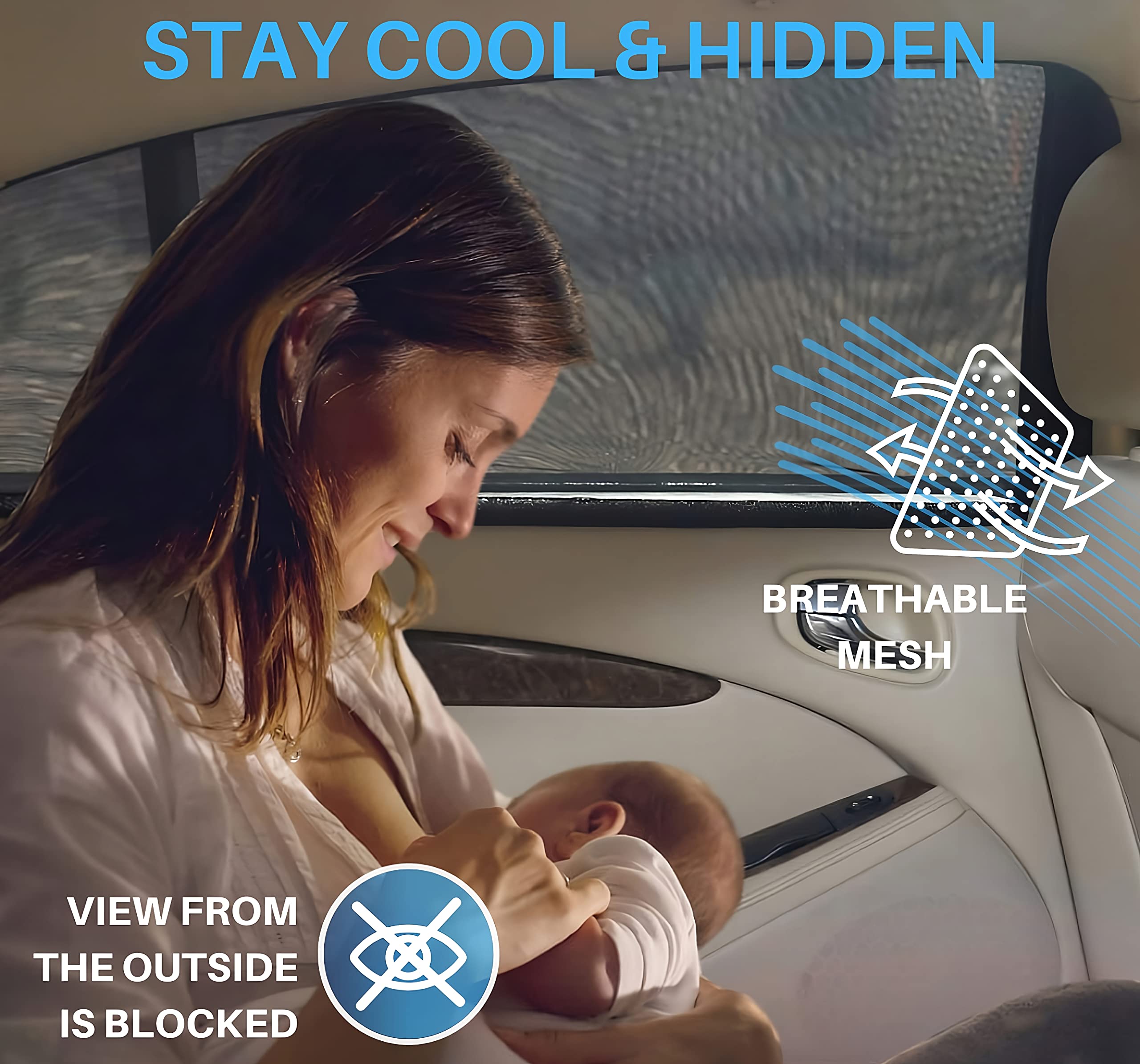S/R Car Window Shades For Baby (12 Sizes) - Stretchy Breathable Mesh Fits Like A Sock, Full Side Window Covers For Sun, Heat & B