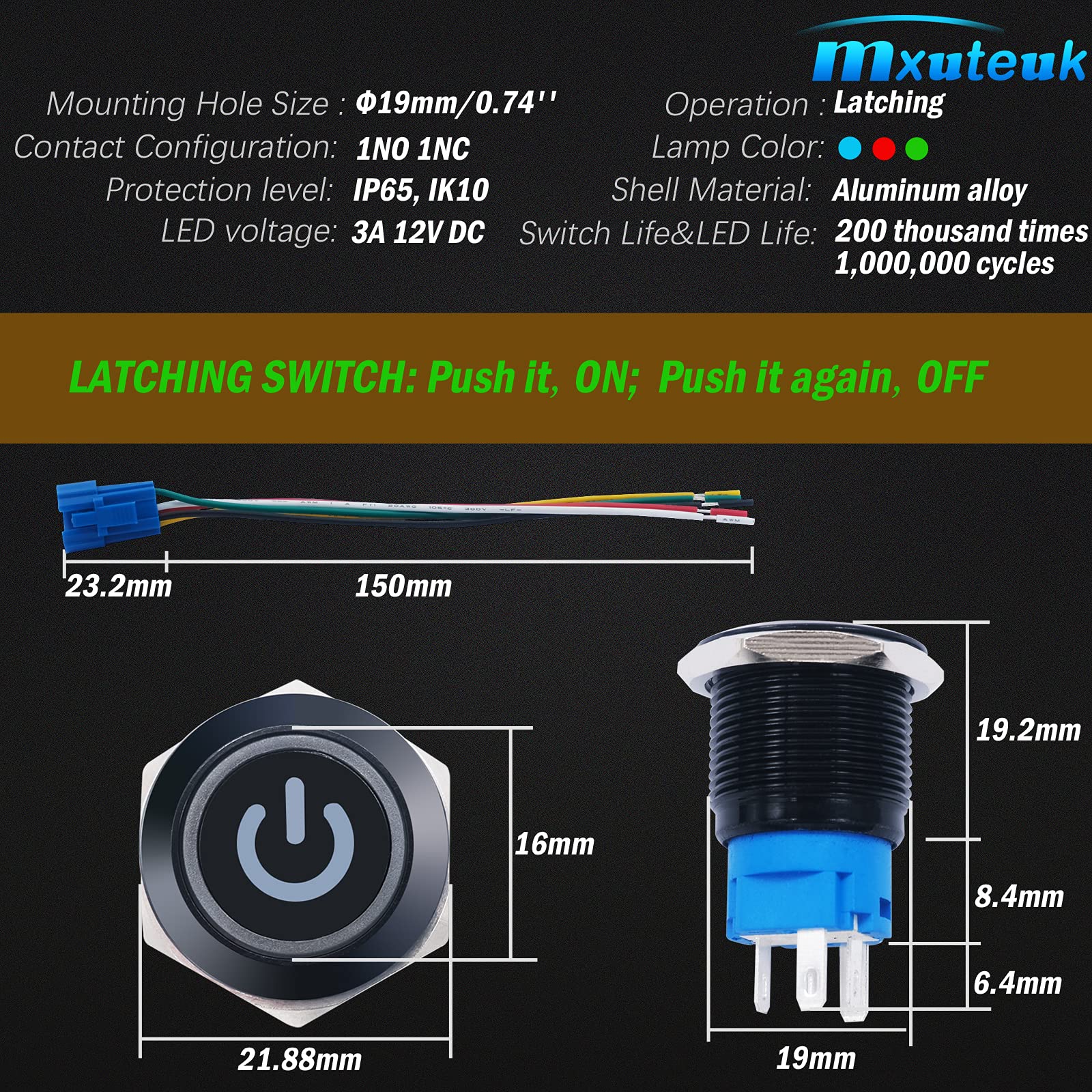 Mxuteuk 19Mm Waterproof Latching Push Button Switch 12V On/Off Switch 1No 1Nc Spdt Black Metal With Blue Power Symbol Light With