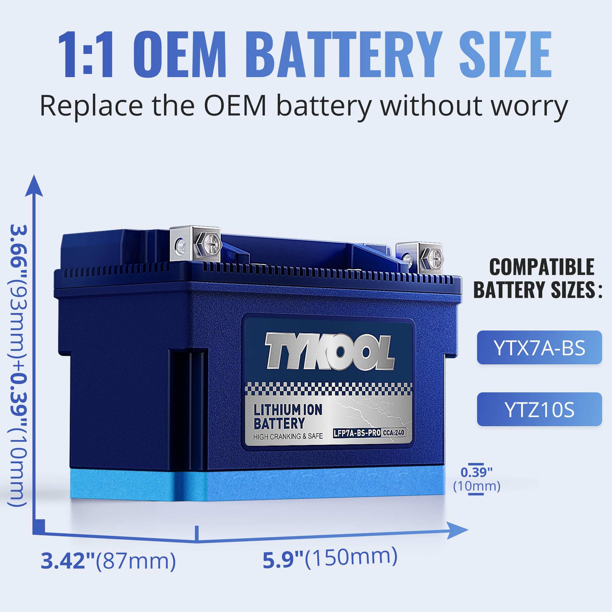 TYKOOL YTX7A-BS-PRO 12.8V 4Ah Lithium Powersports Battery - 240CCA, Smart BMS, Compatible with Motorcycle, ATV, UTV,