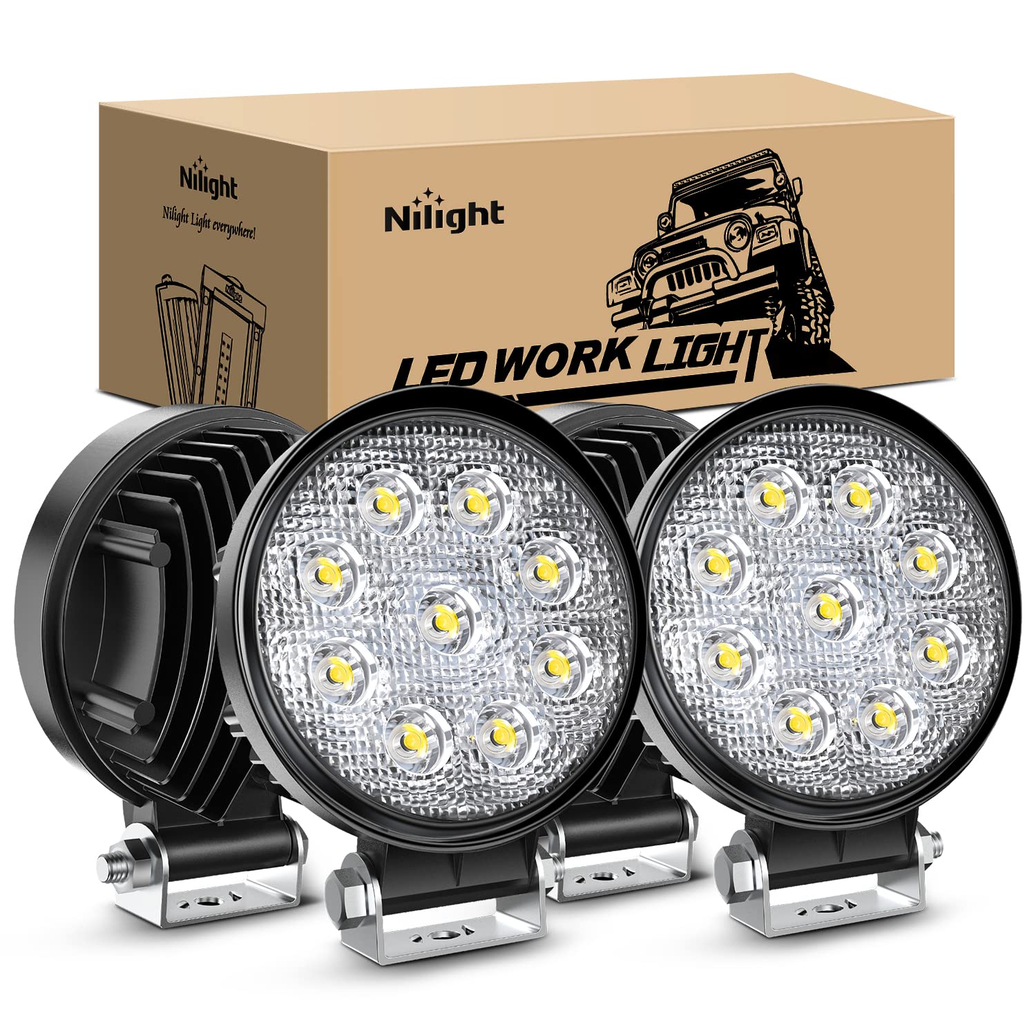 Nilight 15016F-C Led 4Pcs 4.5'' 27W 3000Lm Round Flood Light Pod Off Road Fog Driving Roof Bar Bumper For Jeep,Suv Truck, Hunter