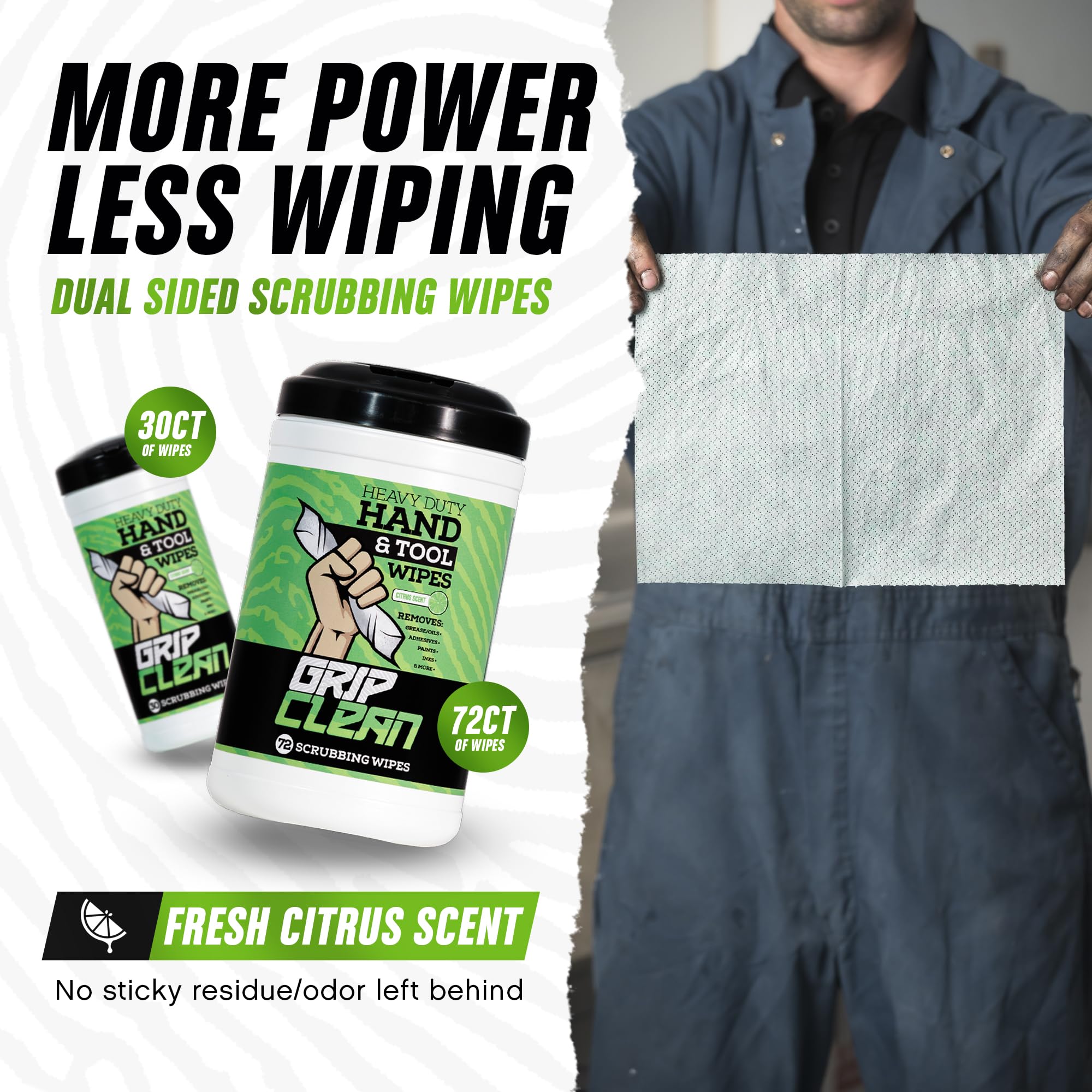 Grip Clean Heavy-Duty Cleaning Wipes, Citrus Scented, 72 Count, Waterless Hand Cleaner for Mechanics & Tools, Model HW72