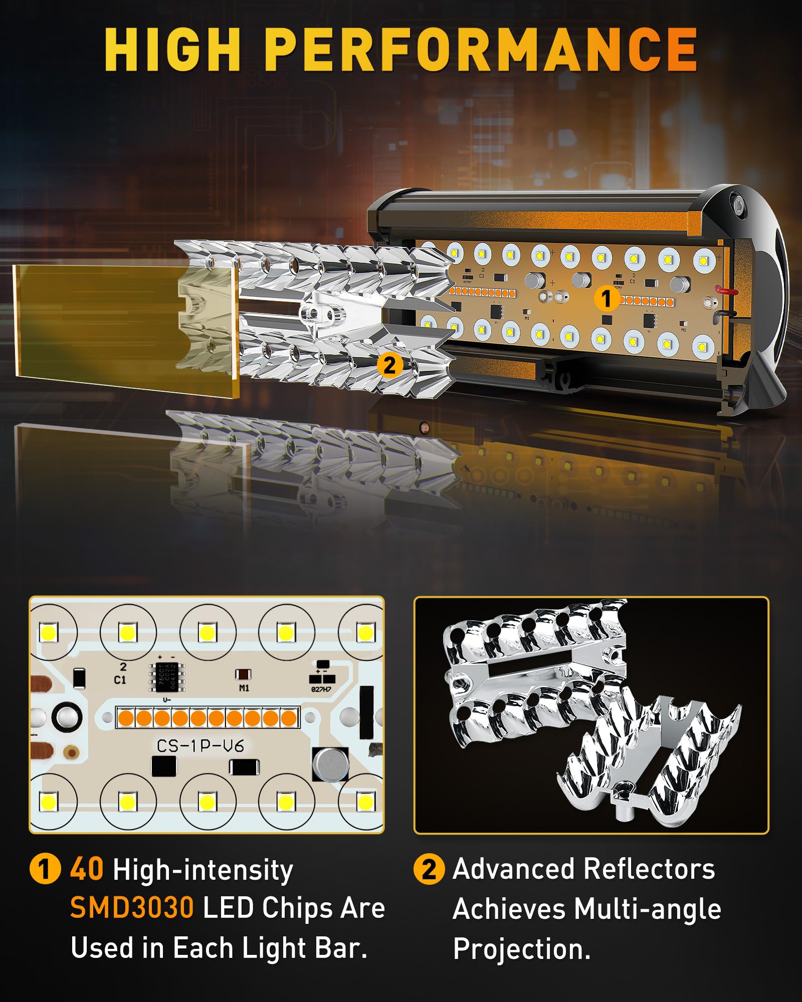 NAOEVO 7 Inch LED Light Bar - White Amber Offroad Fog/Driving Lights, Aluminum, 6 Modes, Includes Wiring Harness, 2-Pack