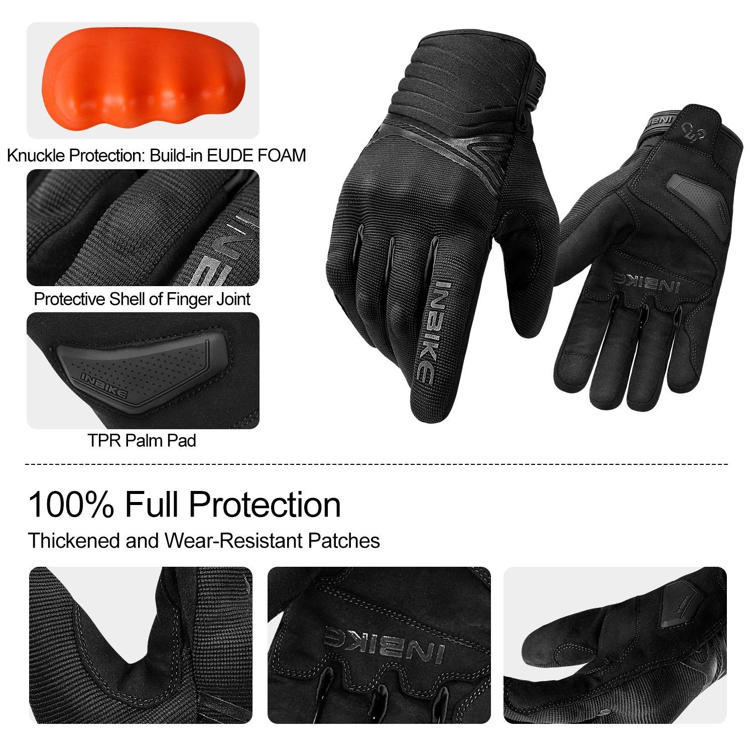 Inbike Waterproof Winter Motorcycle Gloves Thermal Fleece Touchscreen With Tpr Palm Pad Cushioning Hard Knuckle Black Small
