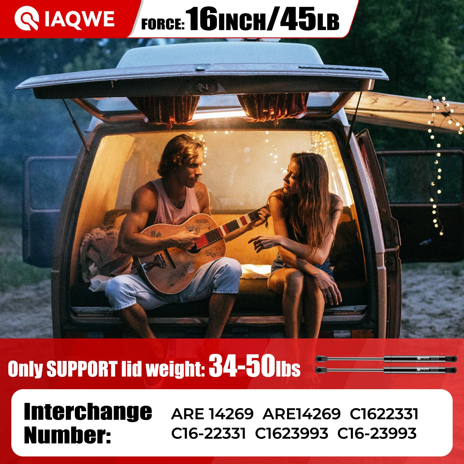 IAQWE Gas Struts Shocks Springs Lift Support 16" 45Lb for Snugtop/Leer Truck Camper Shells - 2PCS, Black, Model C1622331