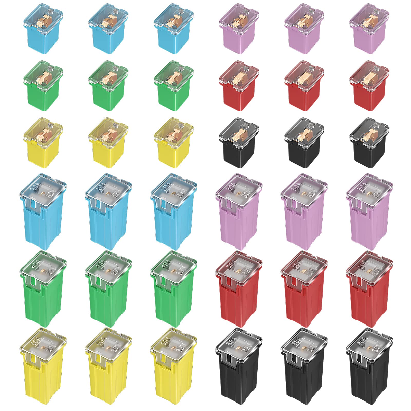 Joinfworld 36 Pcs Jcase Fuse Automotive Tall/Standard And Low Profile Jcase Box Shaped Fuses Assortment Kit (20A, 30A, 40A, 50A,