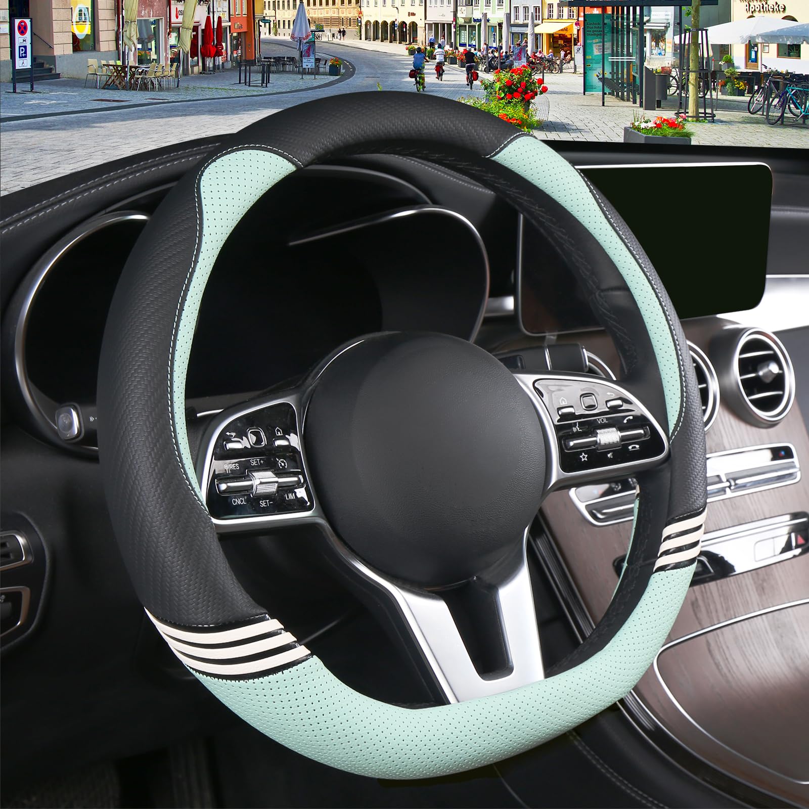 Binsheo Cute Steering Wheel Cover D Shape For Girls Women Universal 15 Inch,Black And Green