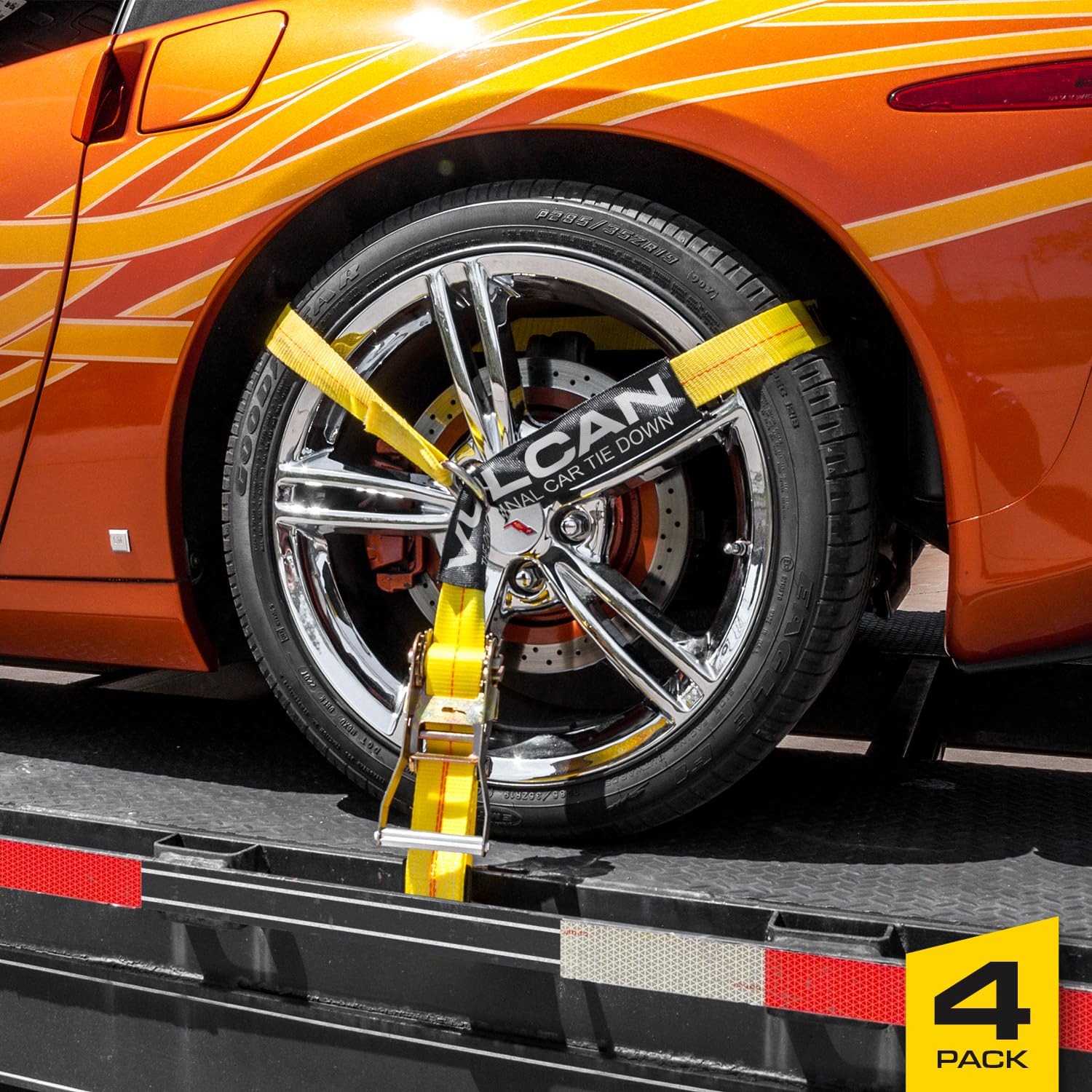 VULCAN Car Tie Down Straps - 2" x 96" - 4 Pack - Snap Hooks - Classic Yellow - 3,300 lb Safe Working Load
